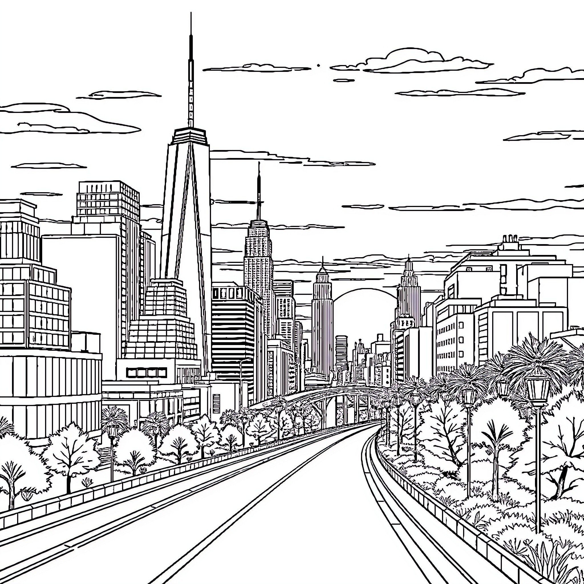 City skyline with busy streets and urban landscape Coloring Page (free black-and-white line drawing printable PDF for all, from beginners to advanced learners, including children, teens, adults, and seniors)