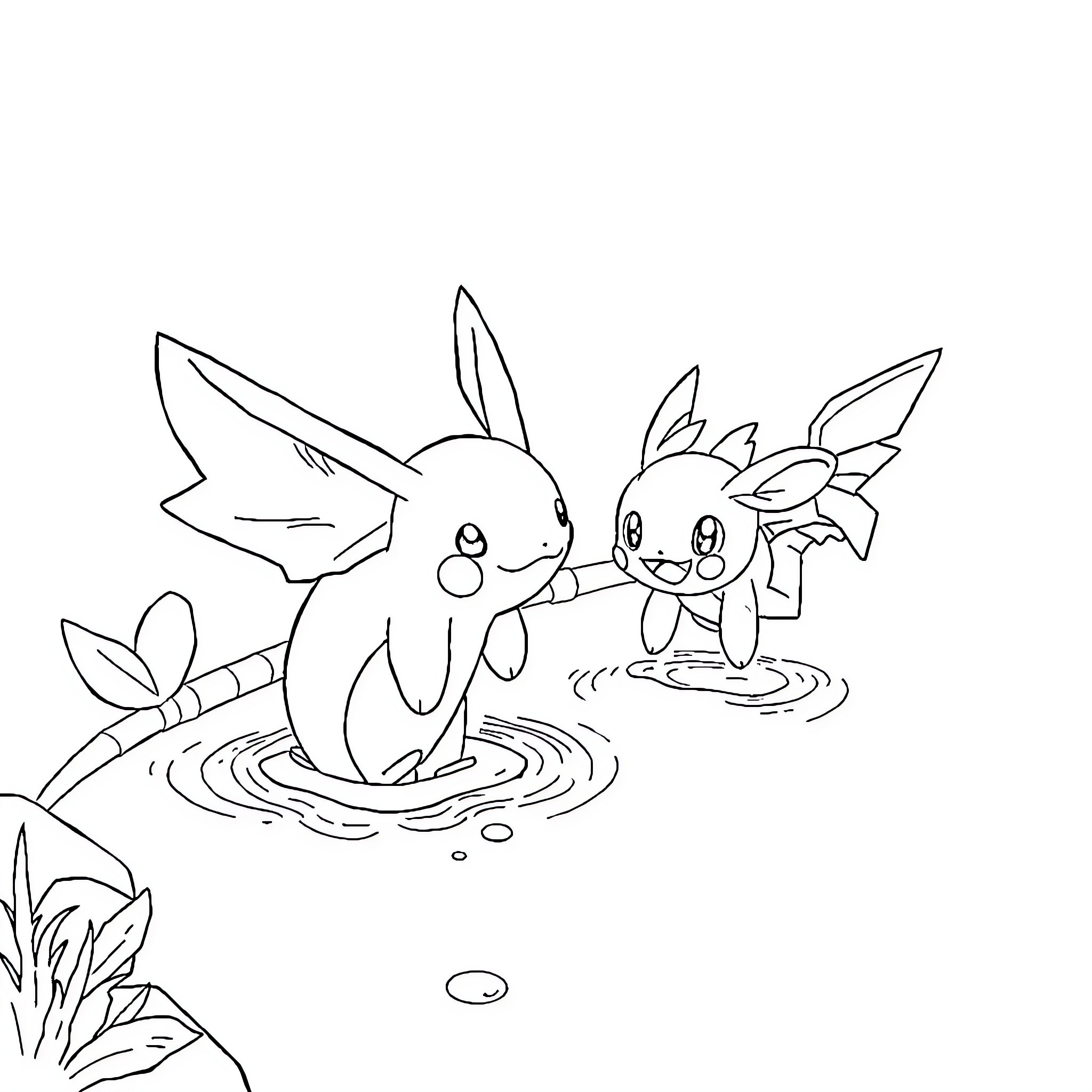 Pokémon playing happily in the pond Coloring Page (free black-and-white line drawing printable PDF for all, from beginners to advanced learners, including children, teens, adults, and seniors)