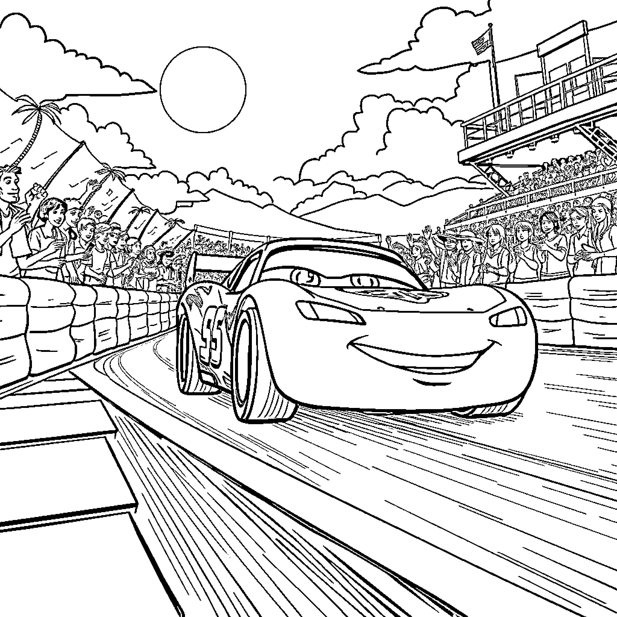 Lightning McQueen racing with fans in the stadium Coloring Page (free black-and-white line drawing printable PDF for all, from beginners to advanced learners, including children, teens, adults, and seniors)
