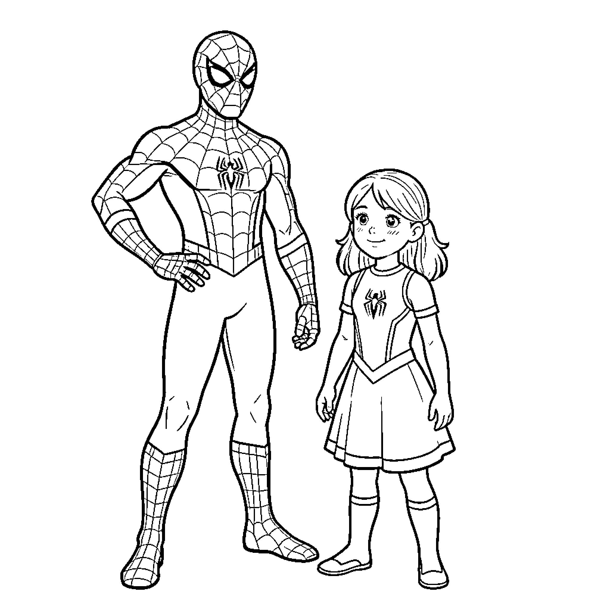 Spider-Man standing heroically next to a young girl Coloring Page (free black-and-white line drawing printable PDF for all, from beginners to advanced learners, including children, teens, adults, and seniors)
