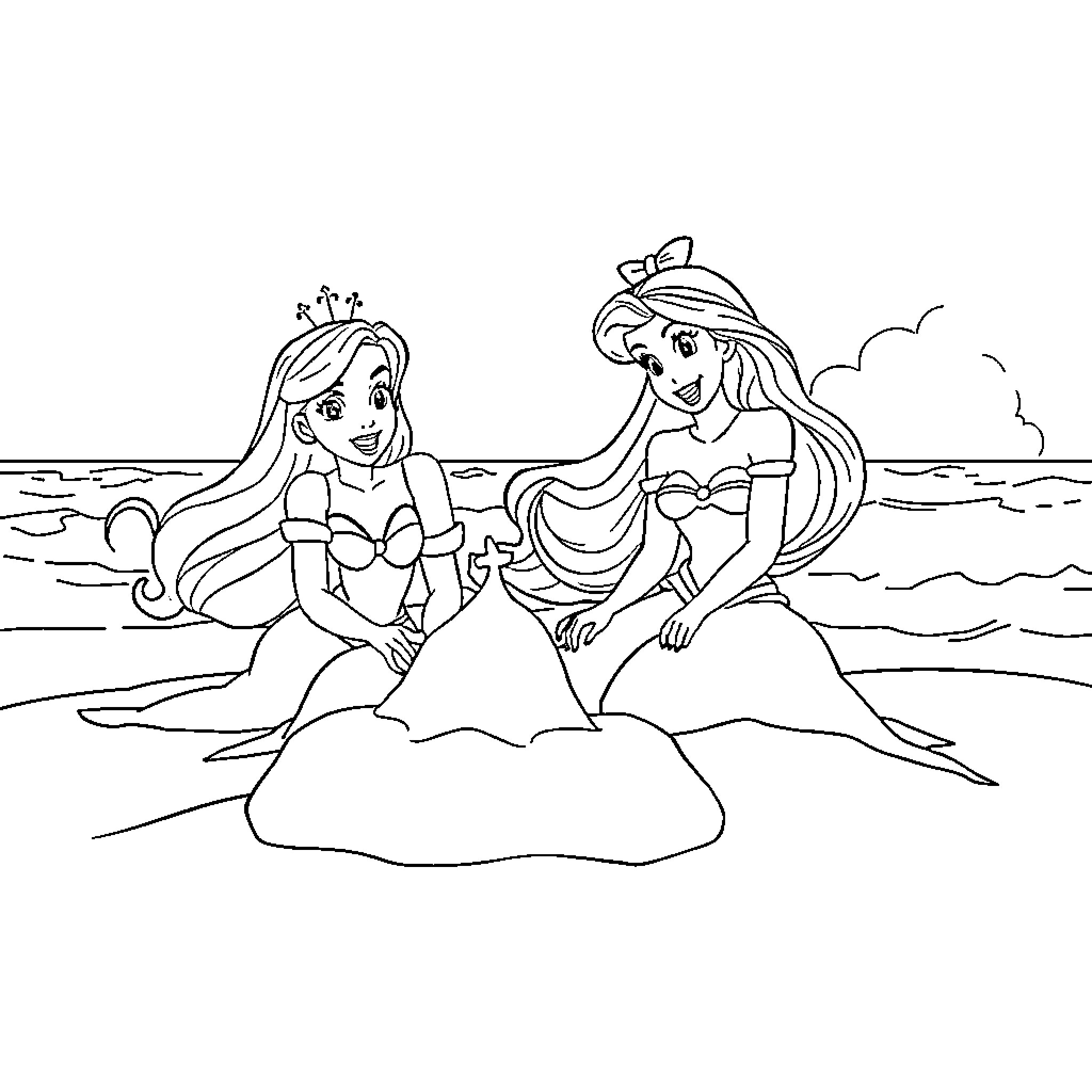 Disney Princesses Relaxing by the Beach Coloring Page (free black-and-white line drawing printable PDF for all, from beginners to advanced learners, including children, teens, adults, and seniors)