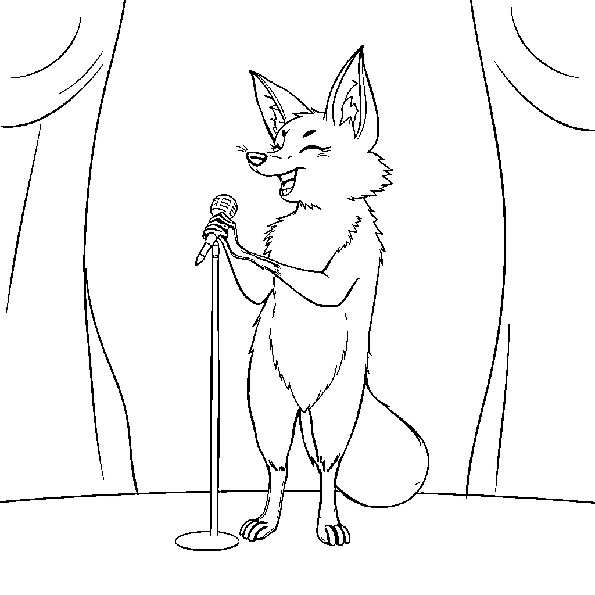 Fox performing on stage with microphone Coloring Page (free black-and-white line drawing printable PDF for all, from beginners to advanced learners, including children, teens, adults, and seniors)