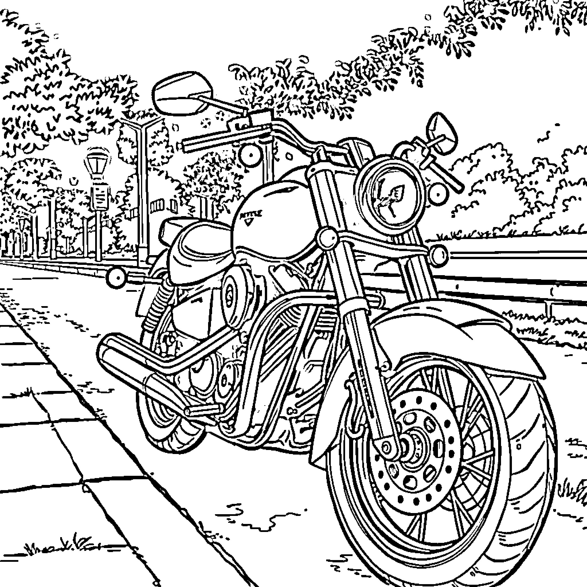 Moto ride through scenic landscape Coloring Page (free black-and-white line drawing printable PDF for all, from beginners to advanced learners, including children, teens, adults, and seniors)