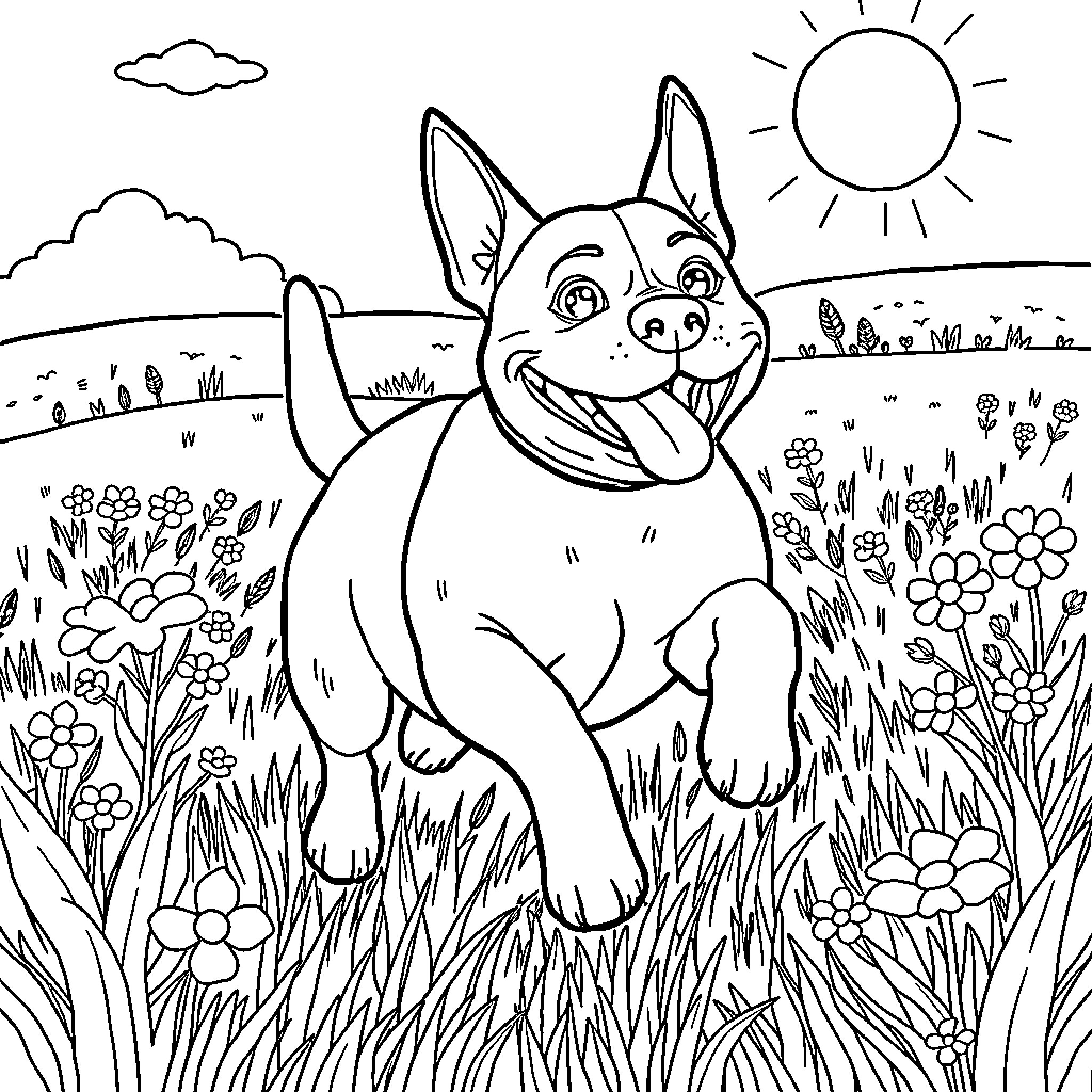 Staffy enjoying the great outdoors Coloring Page (free black-and-white line drawing printable PDF for all, from beginners to advanced learners, including children, teens, adults, and seniors)