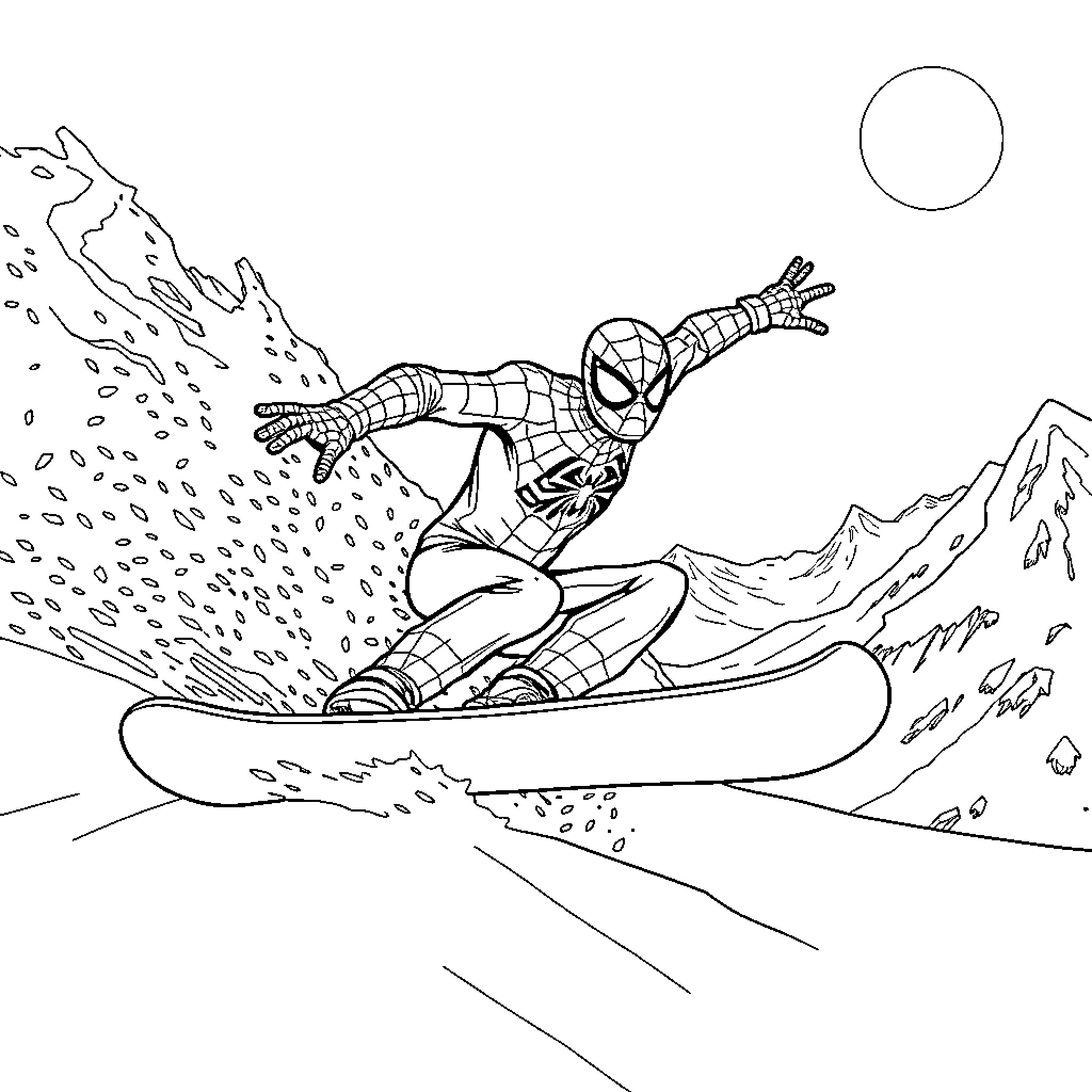 Spiderman surfing through the mountains Coloring Page (free black-and-white line drawing printable PDF for all, from beginners to advanced learners, including children, teens, adults, and seniors)
