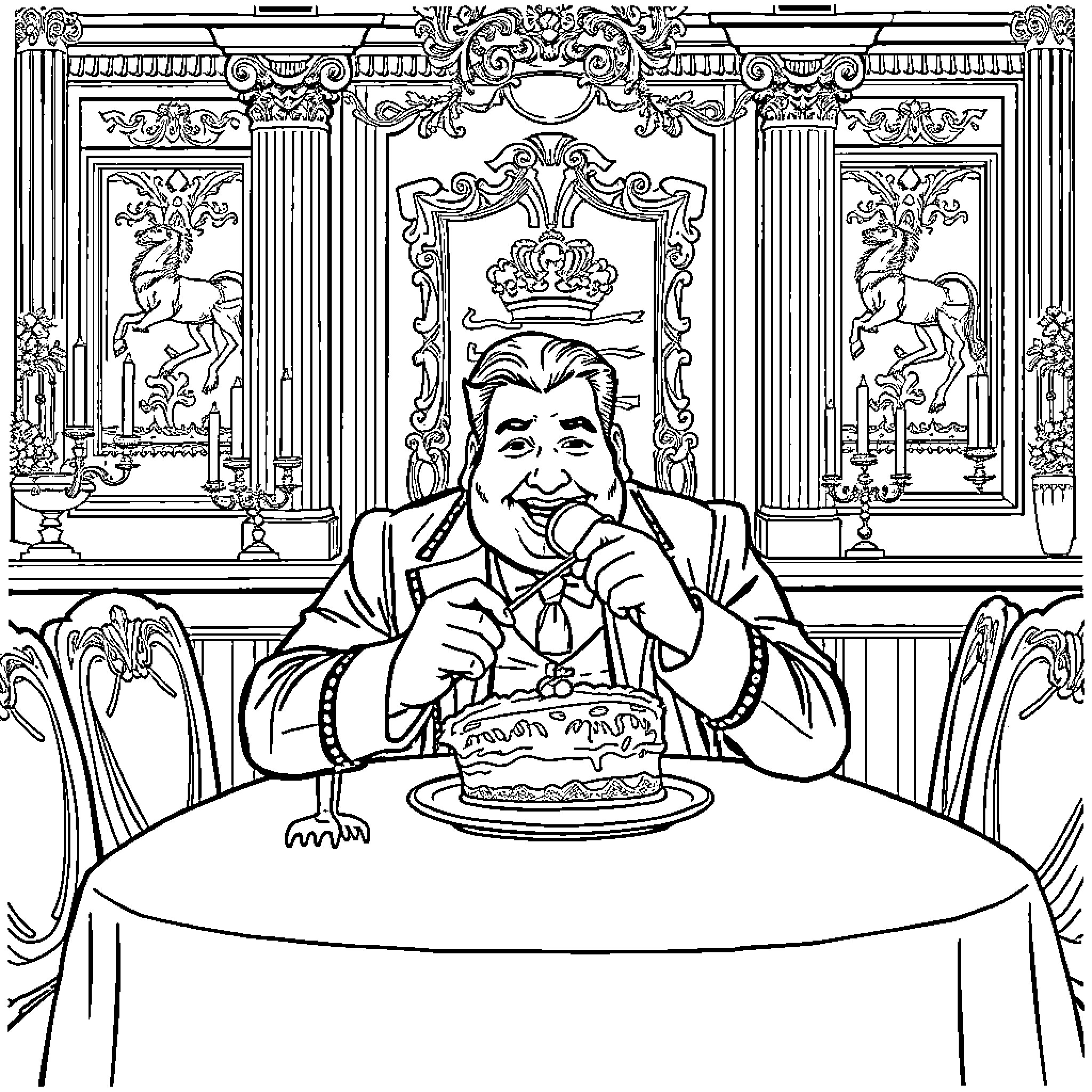 Sam Allardyce enjoying a cake in a lavish setting Coloring Page (free black-and-white line drawing printable PDF for all, from beginners to advanced learners, including children, teens, adults, and seniors)