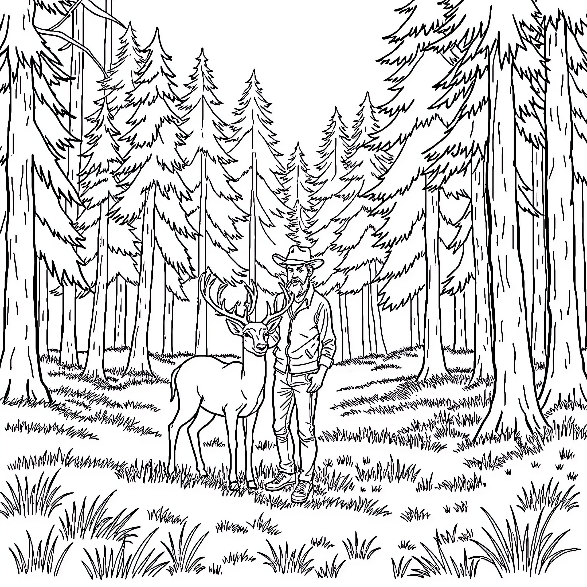 Man encountering a deer in the forest Coloring Page (free black-and-white line drawing printable PDF for all, from beginners to advanced learners, including children, teens, adults, and seniors)
