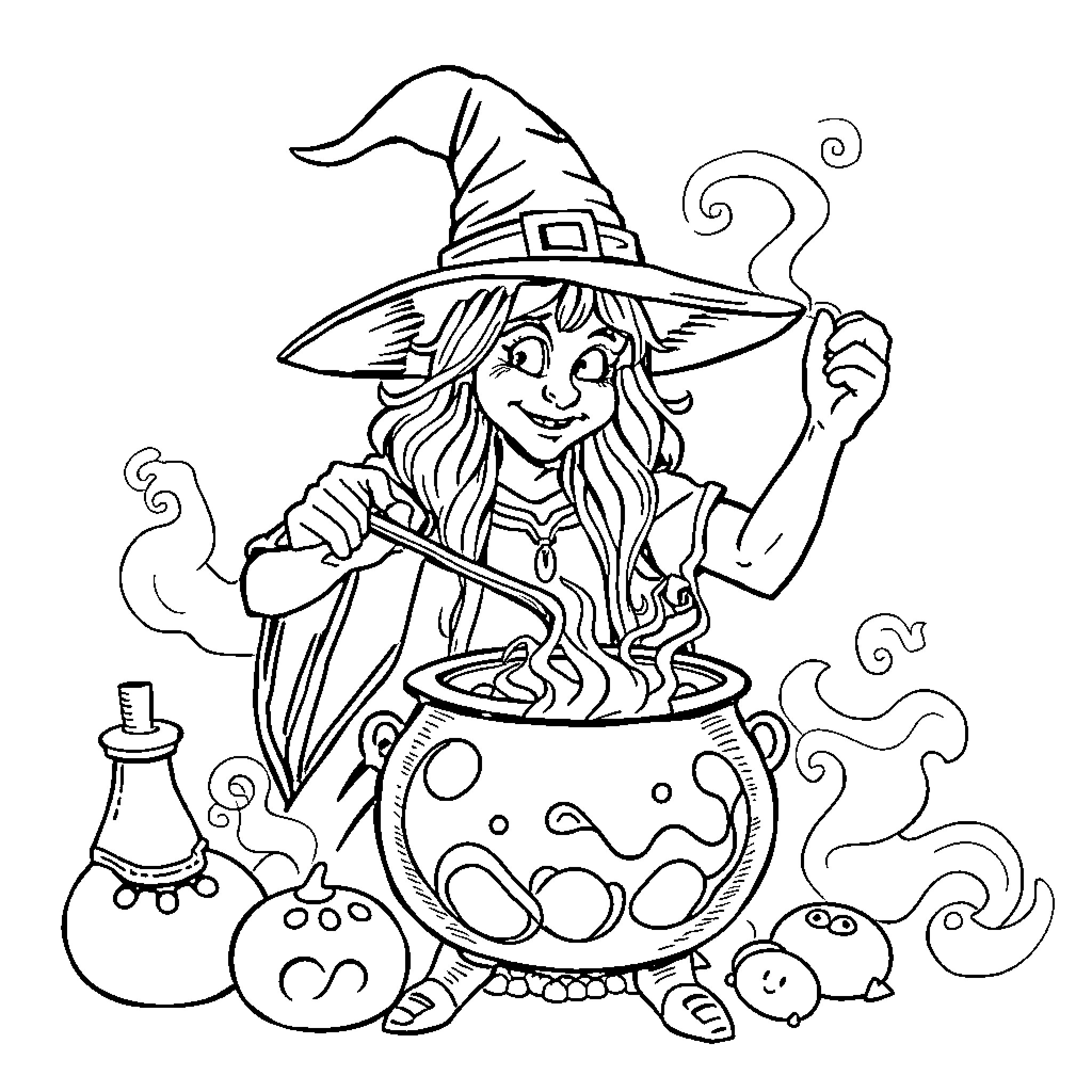 Witch stirring a magical cauldron with spooky creatures Coloring Page (free black-and-white line drawing printable PDF for all, from beginners to advanced learners, including children, teens, adults, and seniors)