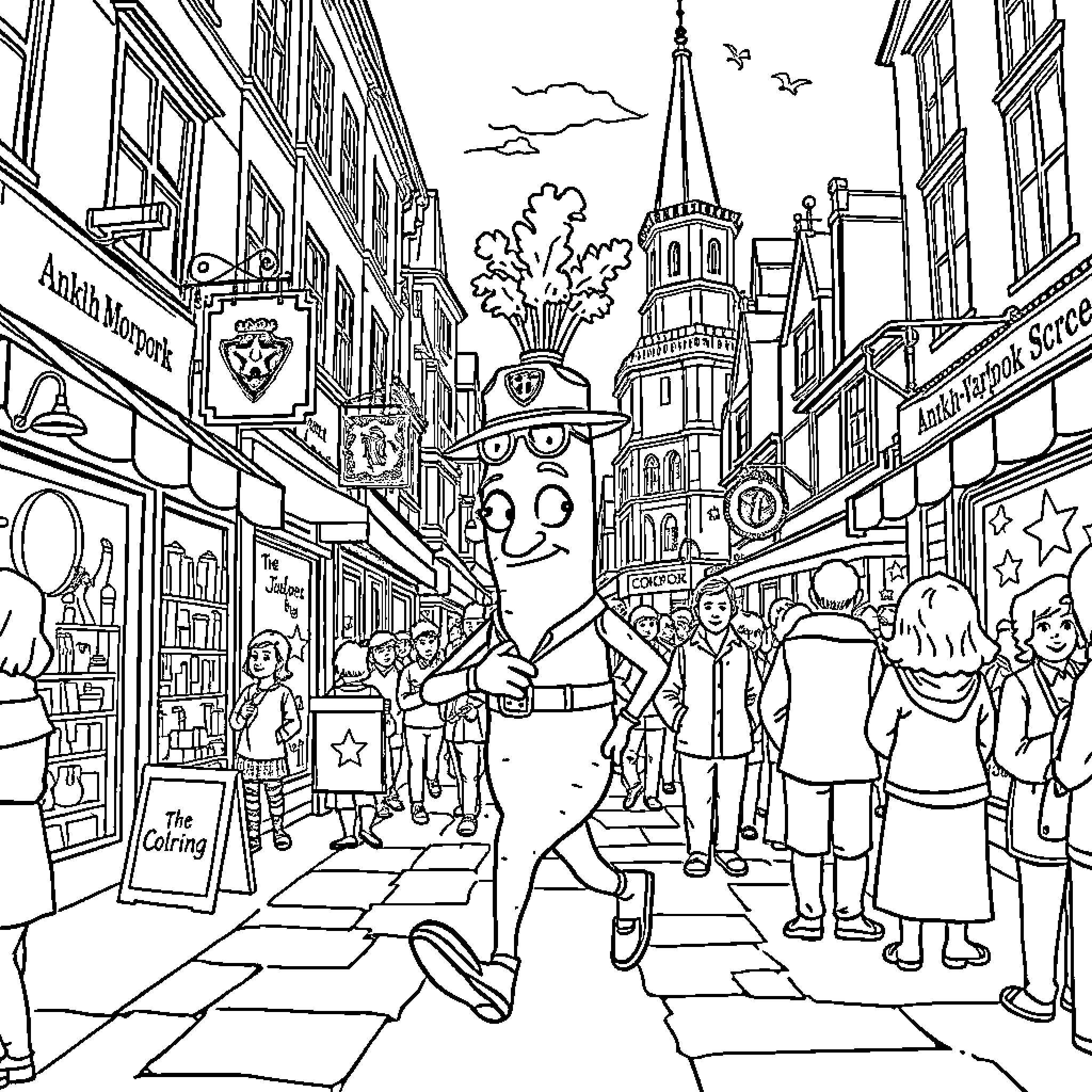 Captain Carrot on the Busy City Street Coloring Page (free black-and-white line drawing printable PDF for all, from beginners to advanced learners, including children, teens, adults, and seniors)