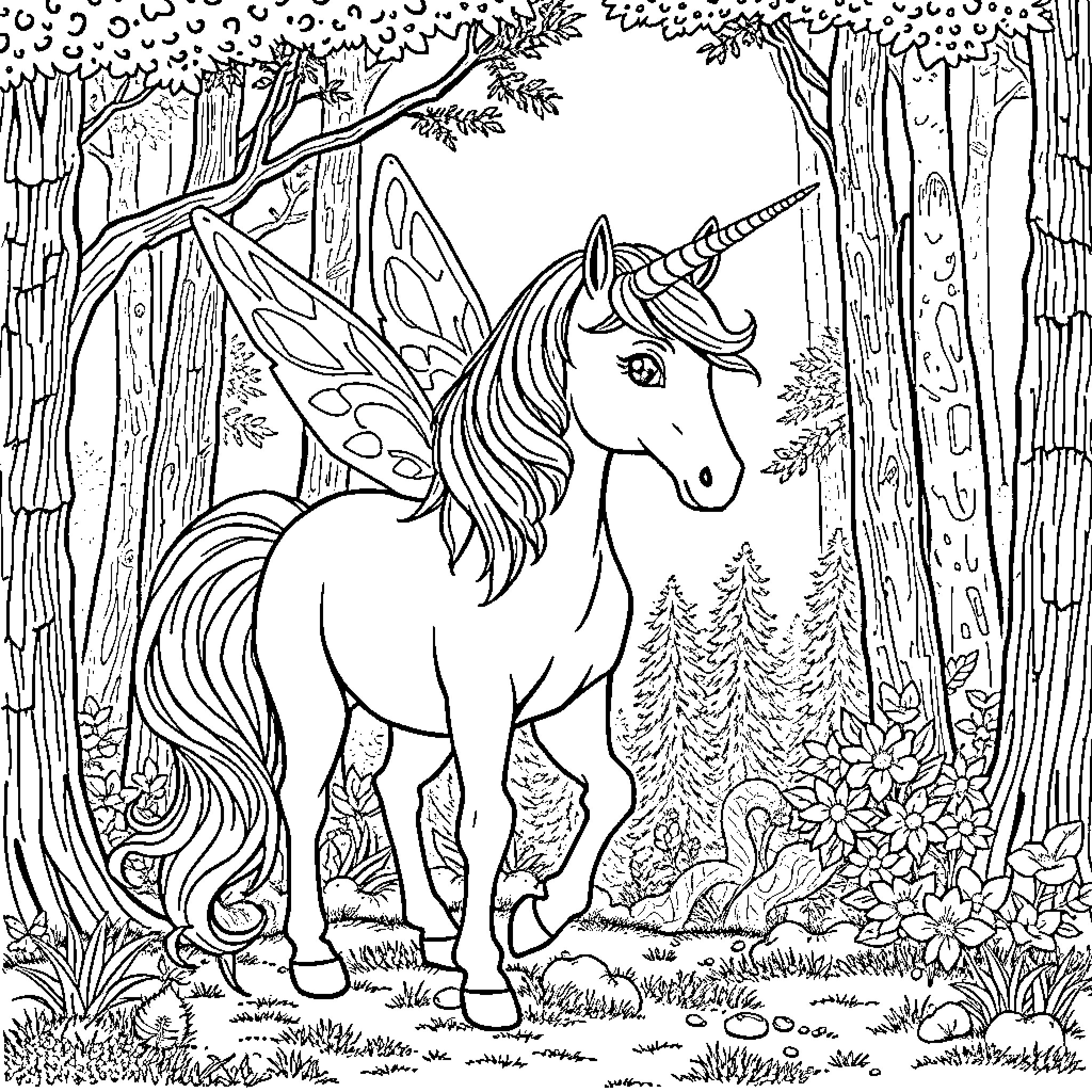 Unicorn exploring the magical forest Coloring Page (free black-and-white line drawing printable PDF for all, from beginners to advanced learners, including children, teens, adults, and seniors)