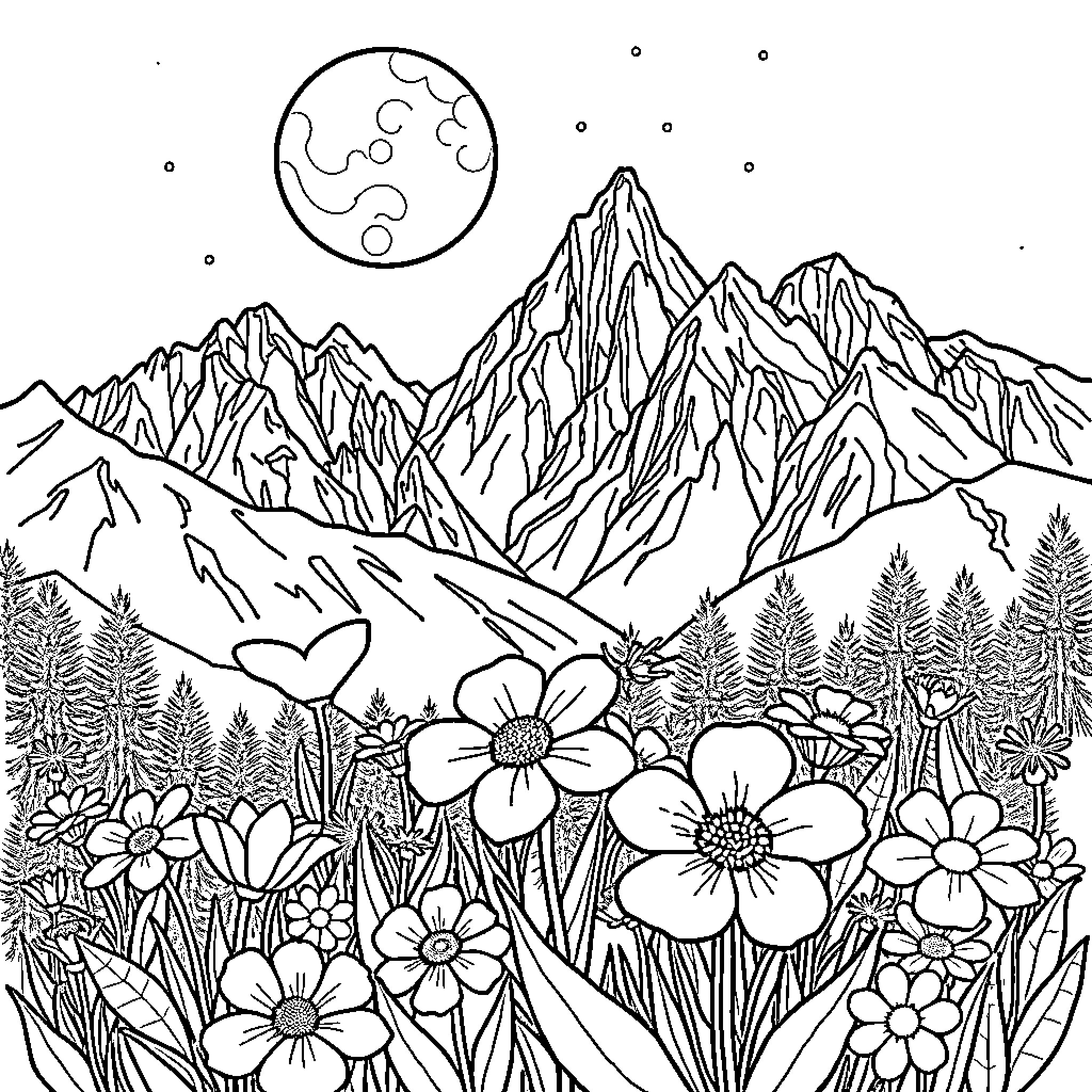 Flower-filled Scenic Landscape with Mountains Coloring Page (free black-and-white line drawing printable PDF for all, from beginners to advanced learners, including children, teens, adults, and seniors)