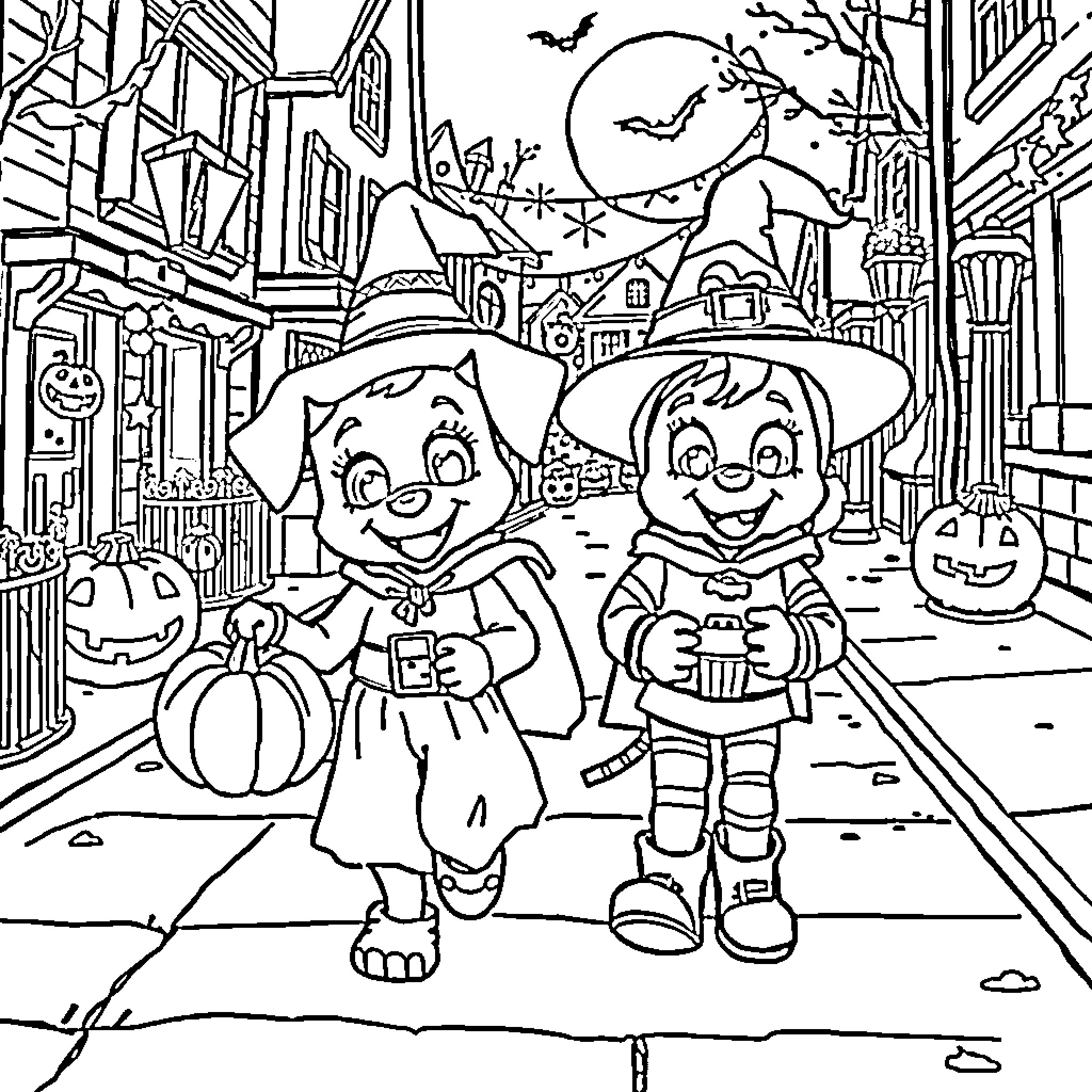 Bluey's Halloween Trick-or-Treating Adventure Coloring Page (free black-and-white line drawing printable PDF for all, from beginners to advanced learners, including children, teens, adults, and seniors)