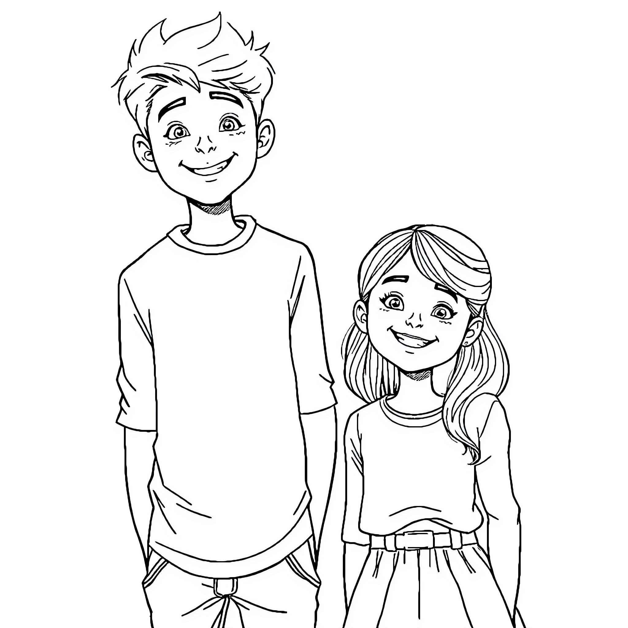 Boy and girl in casual outfits smiling happily Coloring Page (free black-and-white line drawing printable PDF for all, from beginners to advanced learners, including children, teens, adults, and seniors)