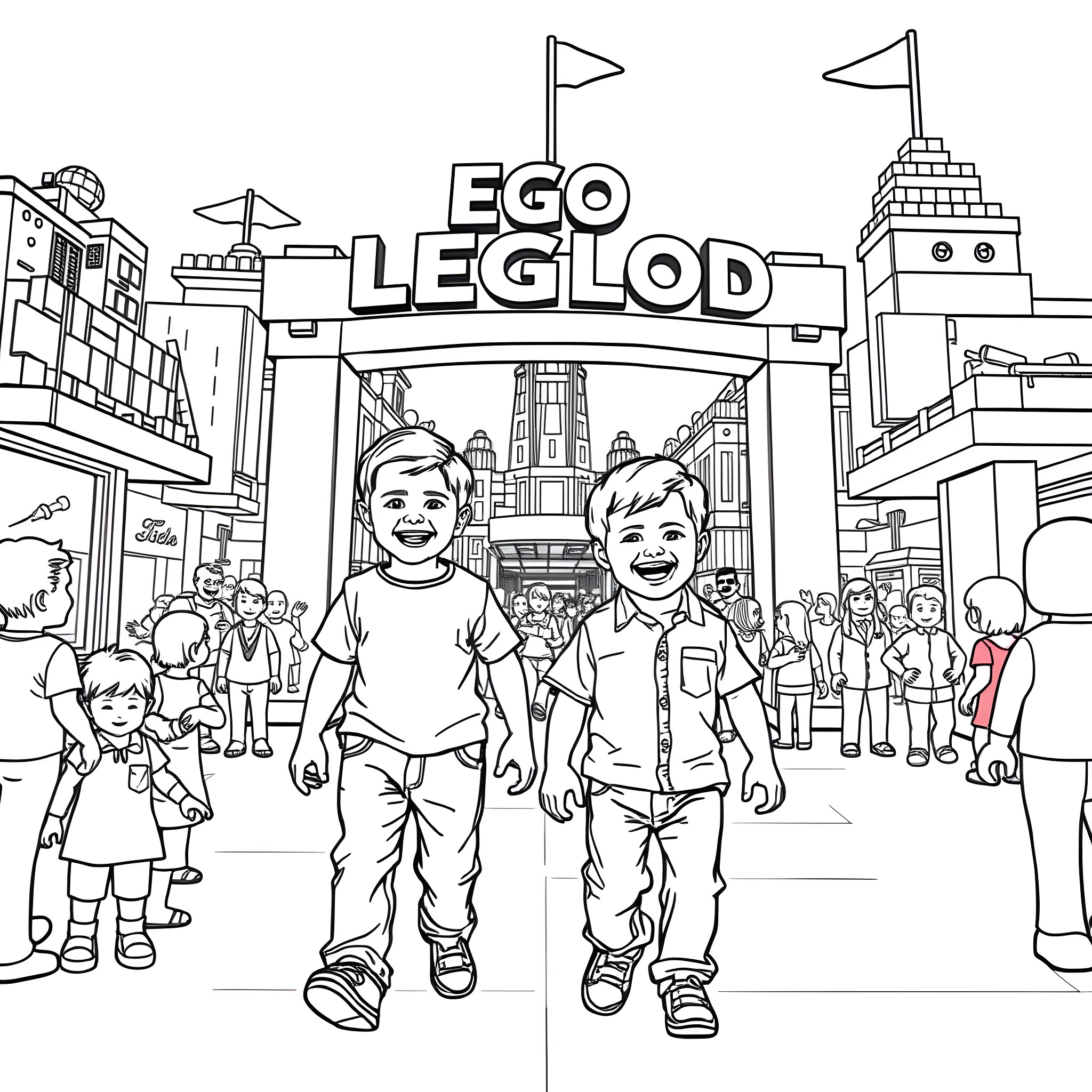 Boy Visiting the Lego Land with Friends Coloring Page (free black-and-white line drawing printable PDF for all, from beginners to advanced learners, including children, teens, adults, and seniors)