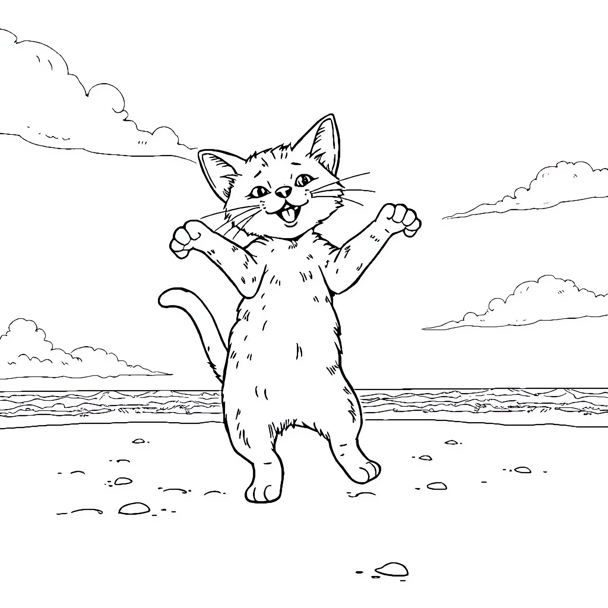 Cat playing excitedly on the beach Coloring Page (free black-and-white line drawing printable PDF for all, from beginners to advanced learners, including children, teens, adults, and seniors)