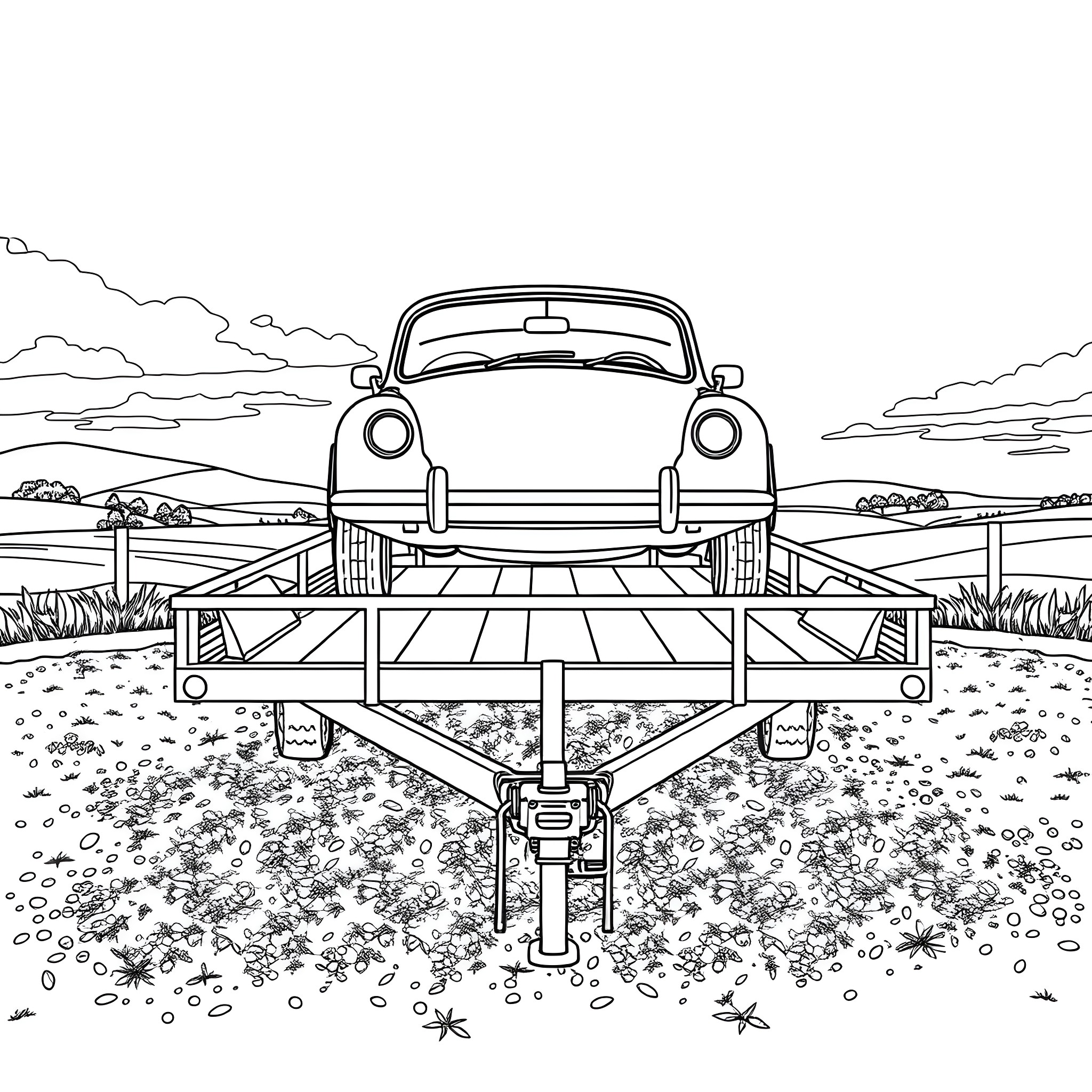 Car Trailer Loaded on Open Terrain Coloring Page (free black-and-white line drawing printable PDF for all, from beginners to advanced learners, including children, teens, adults, and seniors)