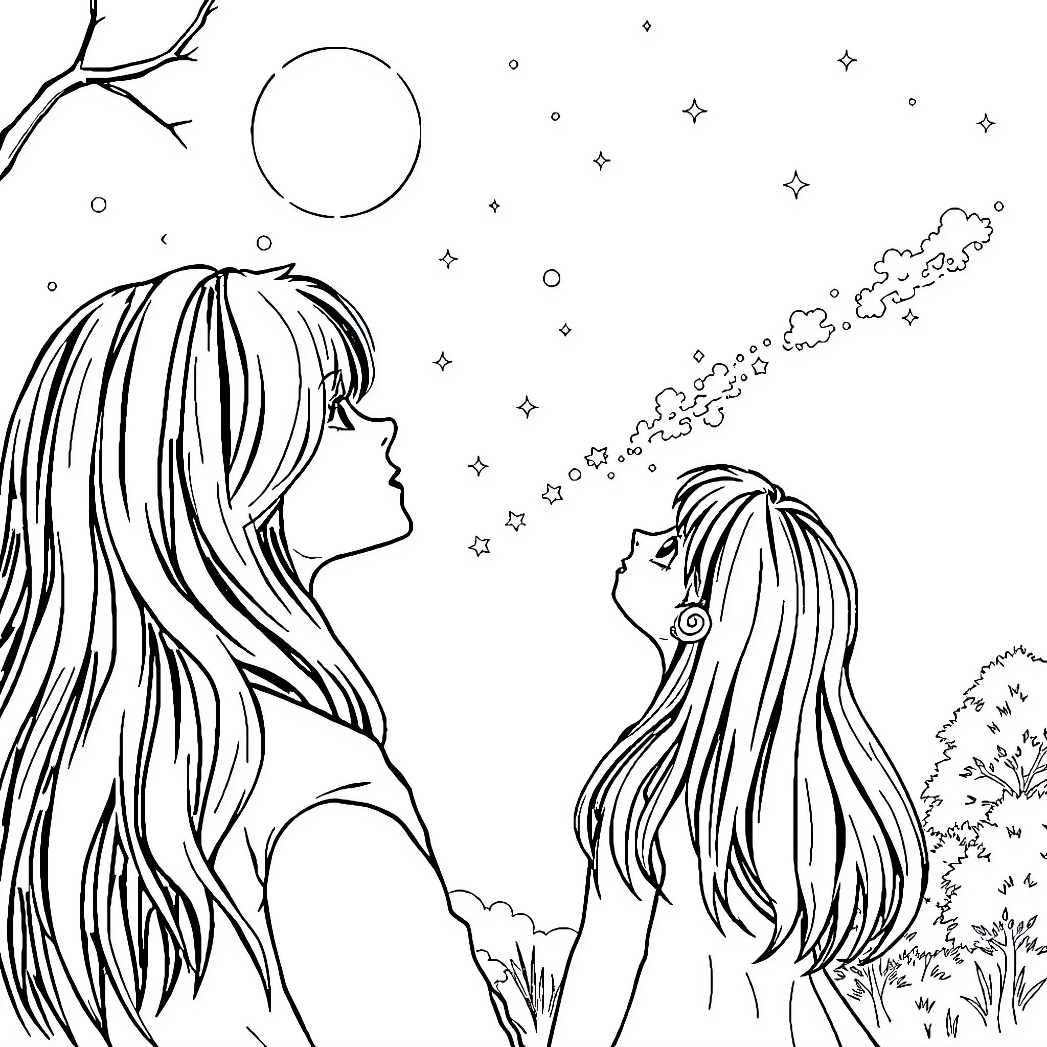 Chica's Mystical Adventure Under the Starry Sky Coloring Page (free black-and-white line drawing printable PDF for all, from beginners to advanced learners, including children, teens, adults, and seniors)