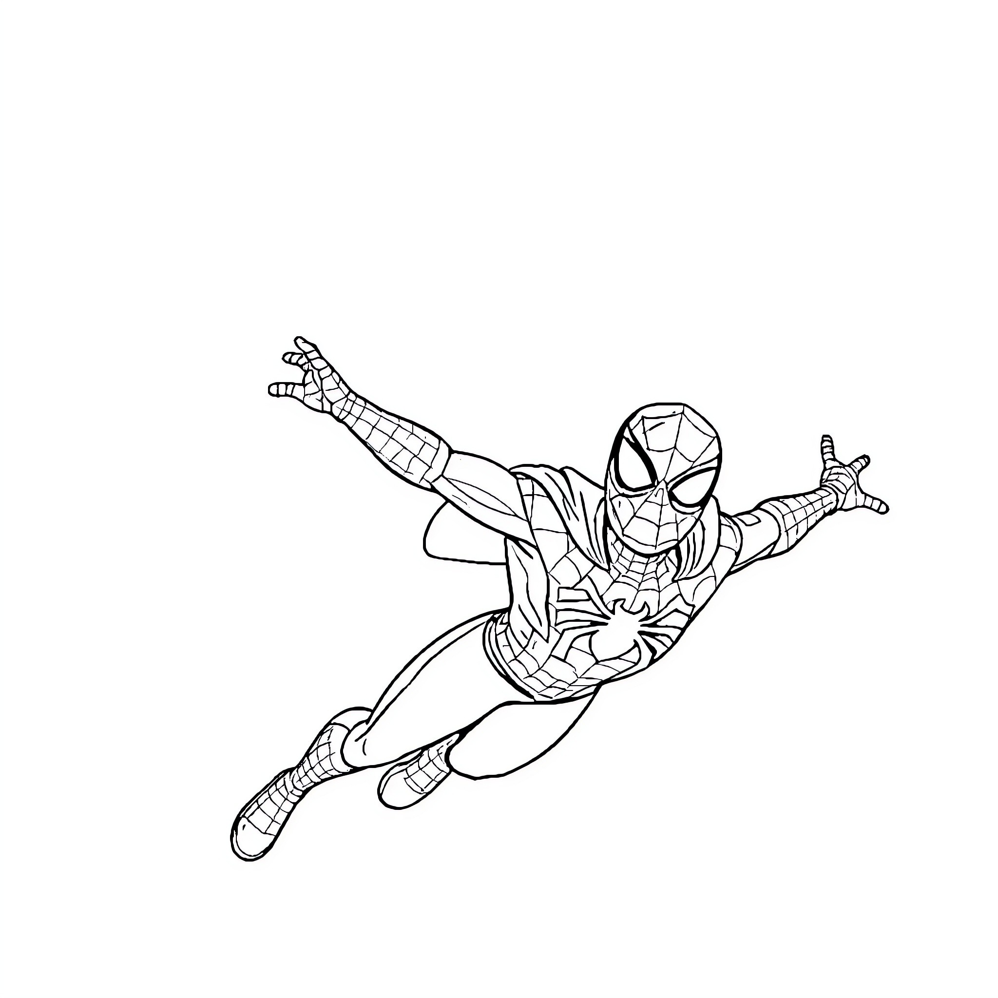 Spiderman swinging through the air in action Coloring Page (free black-and-white line drawing printable PDF for all, from beginners to advanced learners, including children, teens, adults, and seniors)
