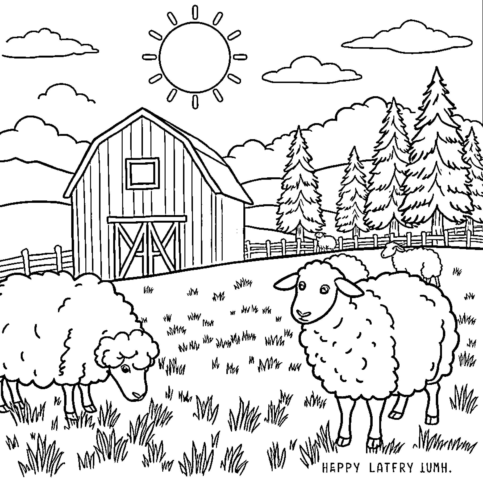 Sheep grazing peacefully on a farm with a barn Coloring Page (free black-and-white line drawing printable PDF for all, from beginners to advanced learners, including children, teens, adults, and seniors)