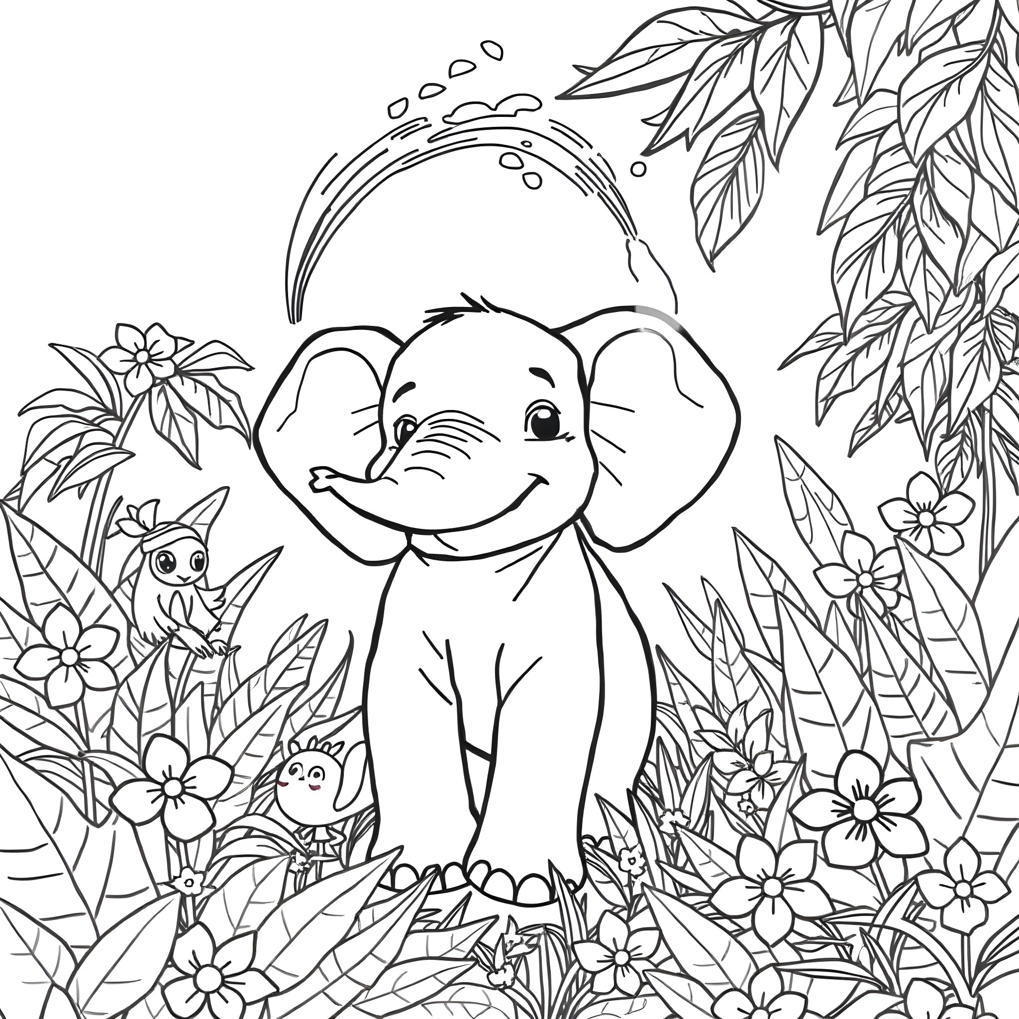 Elephant playing happily in the lush jungle Coloring Page (free black-and-white line drawing printable PDF for all, from beginners to advanced learners, including children, teens, adults, and seniors)