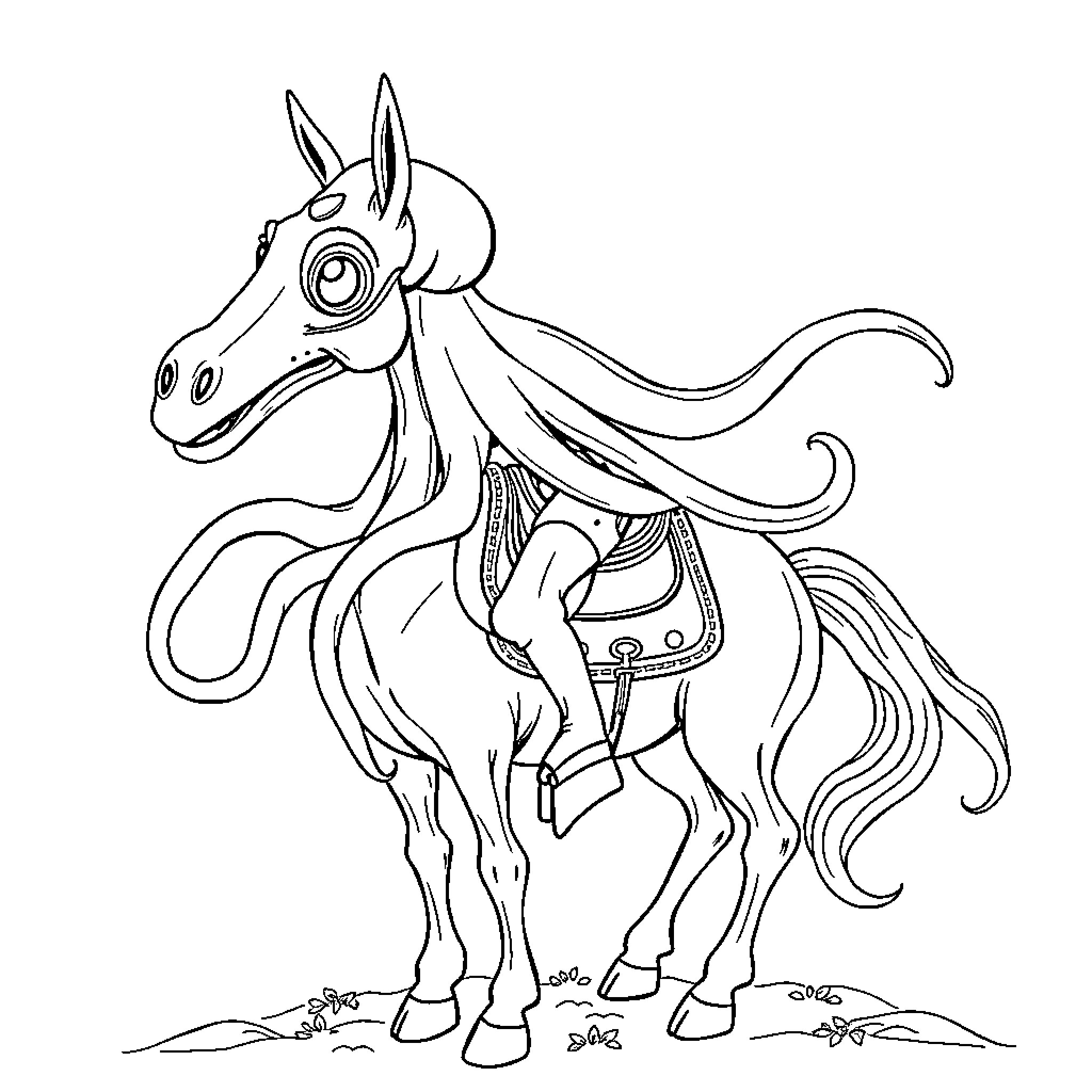 Squid-like Creature Riding a Fantastical Horse Coloring Page (free black-and-white line drawing printable PDF for all, from beginners to advanced learners, including children, teens, adults, and seniors)