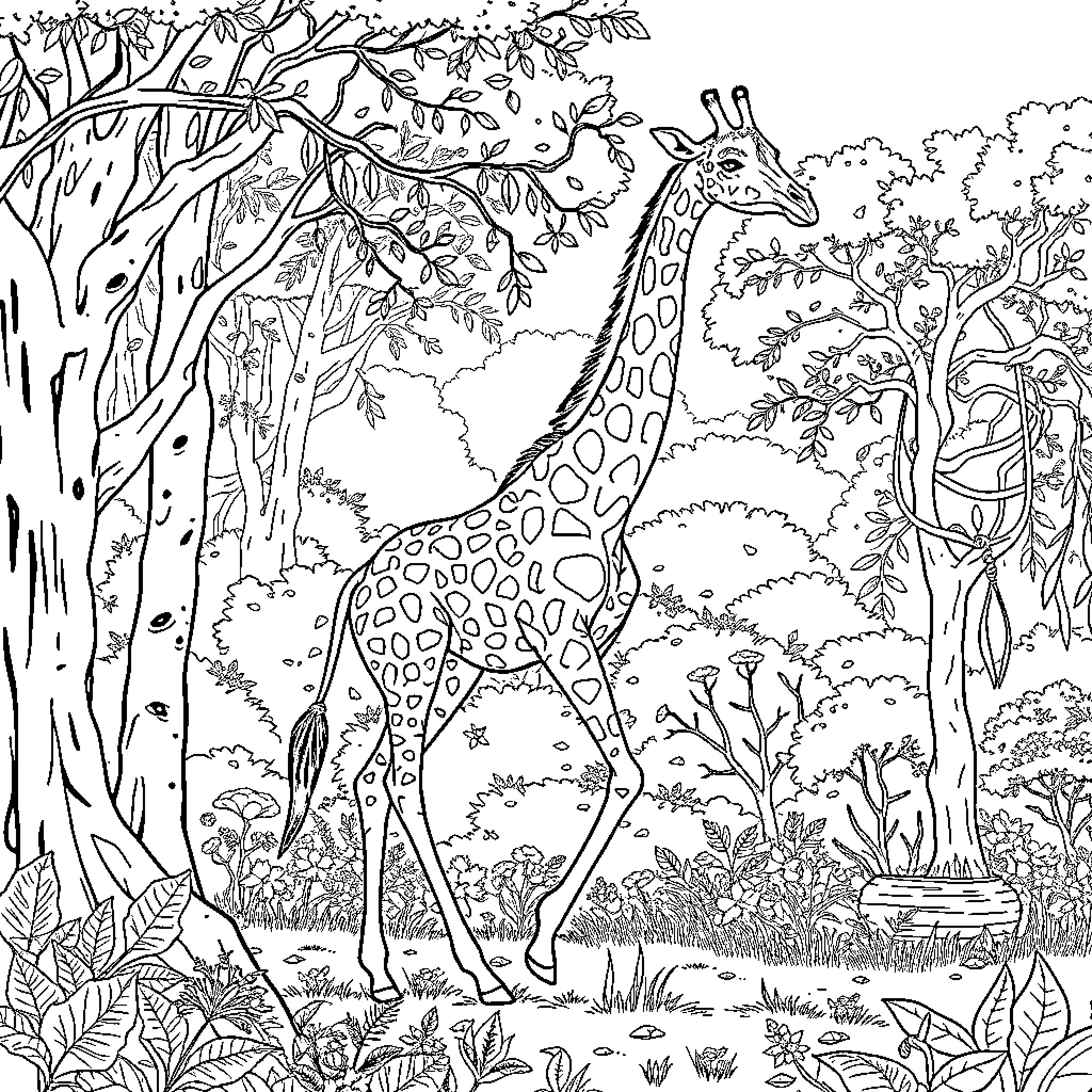 Giraffes Roaming Amidst Lush Foliage Coloring Page (free black-and-white line drawing printable PDF for all, from beginners to advanced learners, including children, teens, adults, and seniors)