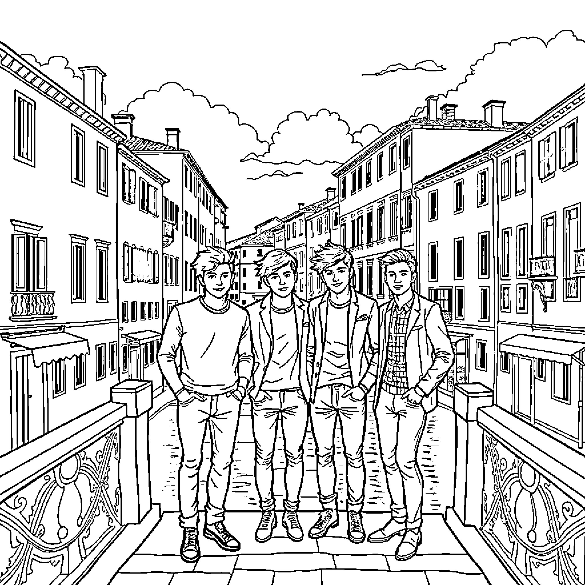 One Direction posing confidently in urban setting Coloring Page (free black-and-white line drawing printable PDF for all, from beginners to advanced learners, including children, teens, adults, and seniors)