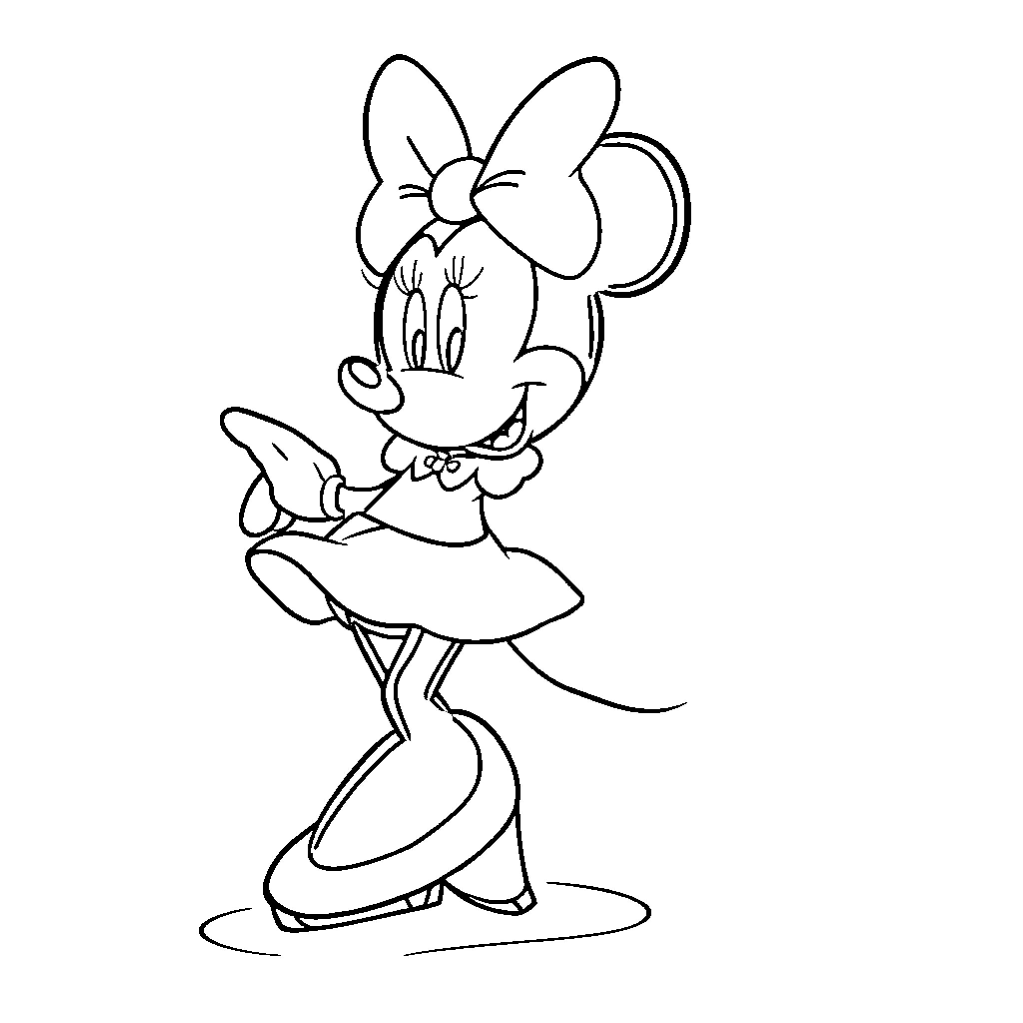 Minnie in a Playful Pose Coloring Page (free black-and-white line drawing printable PDF for all, from beginners to advanced learners, including children, teens, adults, and seniors)