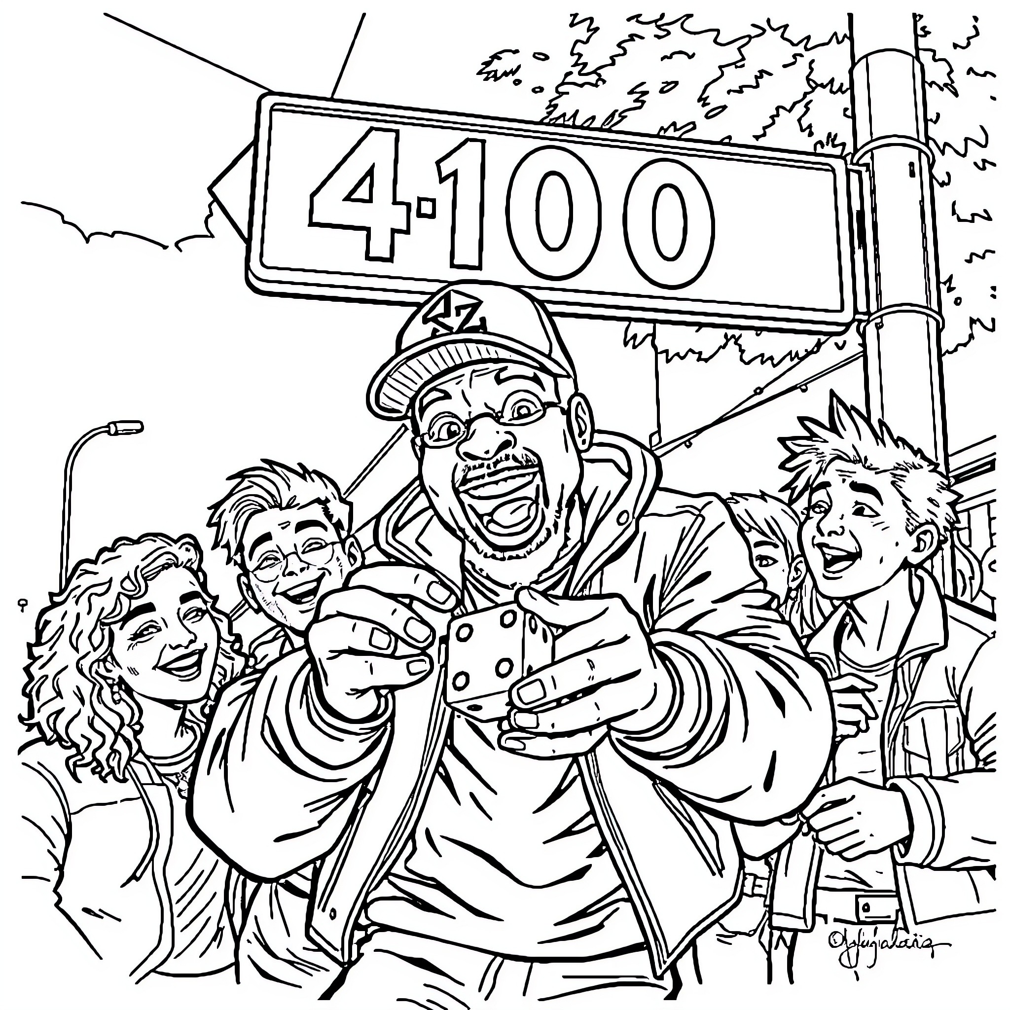 Young Dolph at the 4100 sign with friends Coloring Page (free black-and-white line drawing printable PDF for all, from beginners to advanced learners, including children, teens, adults, and seniors)