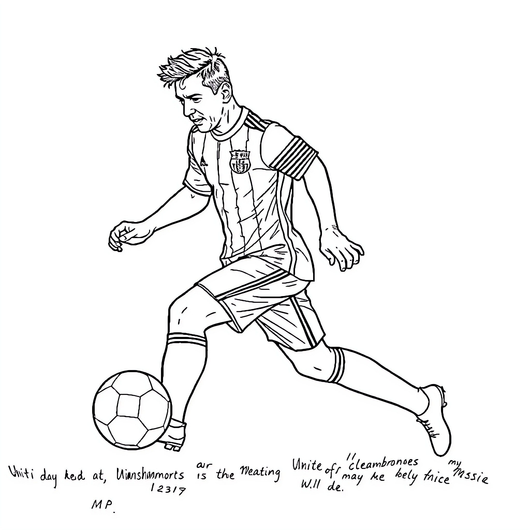 Messi dribbling on the field in soccer uniform Coloring Page (free black-and-white line drawing printable PDF for all, from beginners to advanced learners, including children, teens, adults, and seniors)