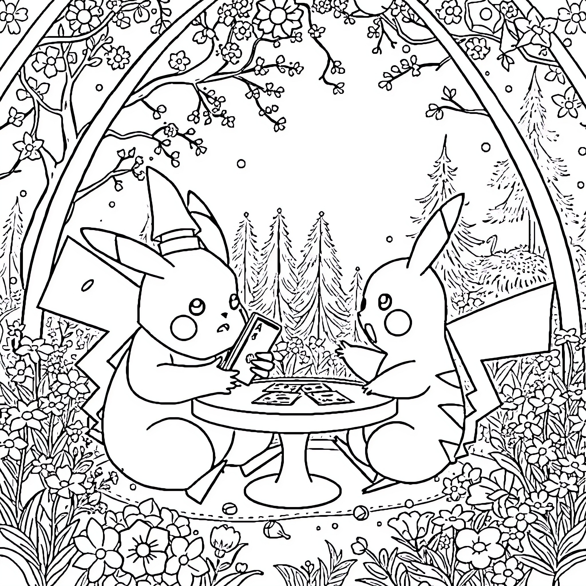 Pikachu and Pichu Playing Chess in Enchanted Forest Coloring Page (free black-and-white line drawing printable PDF for all, from beginners to advanced learners, including children, teens, adults, and seniors)