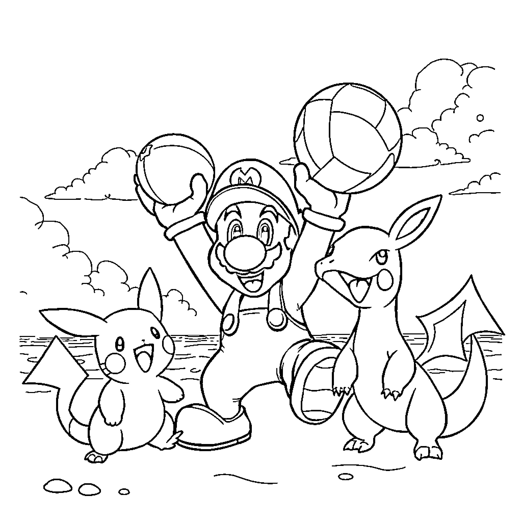 Super Mario Adventures with Pokémon Friends Coloring Page (free black-and-white line drawing printable PDF for all, from beginners to advanced learners, including children, teens, adults, and seniors)
