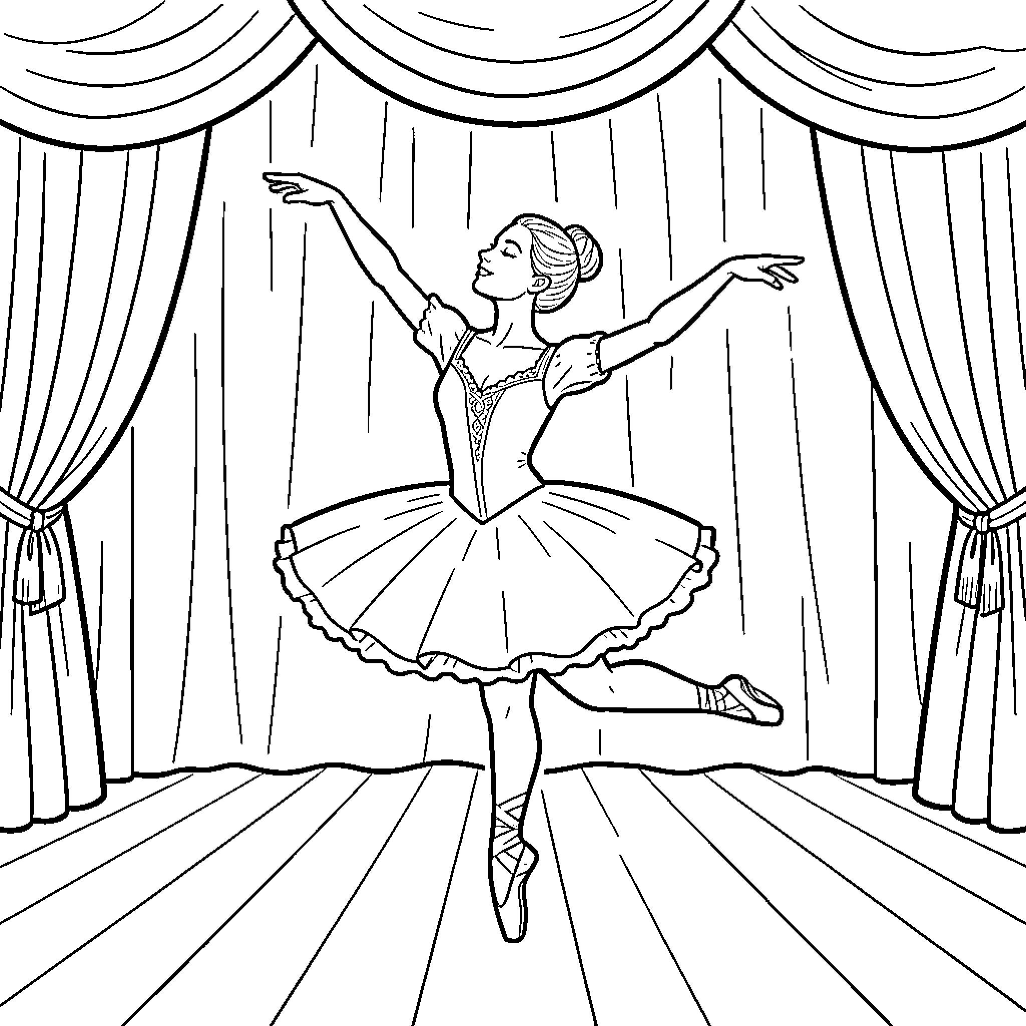 Pegaso Ballerina Dancing on Stage Coloring Page (free black-and-white line drawing printable PDF for all, from beginners to advanced learners, including children, teens, adults, and seniors)