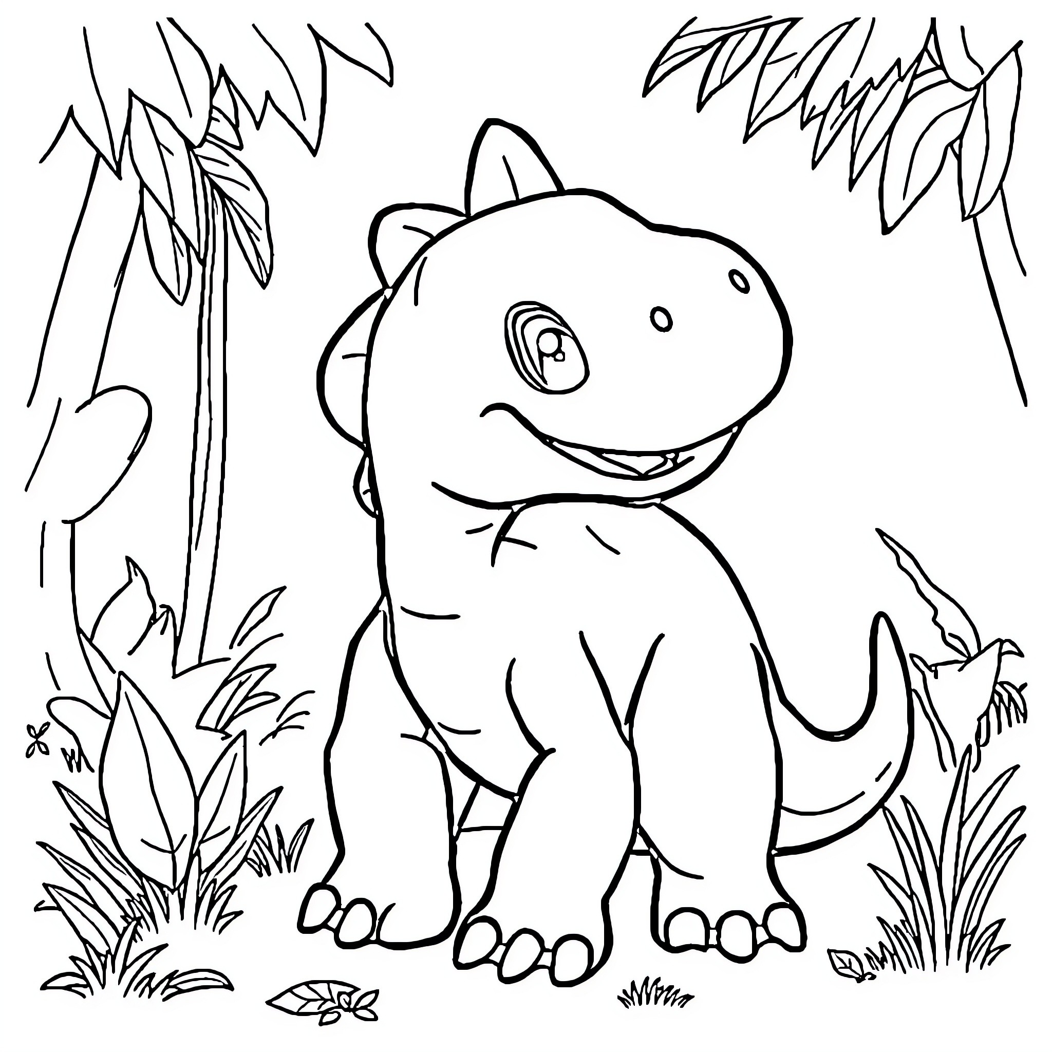 Dinosaur in a whimsical jungle scene Coloring Page (free black-and-white line drawing printable PDF for all, from beginners to advanced learners, including children, teens, adults, and seniors)