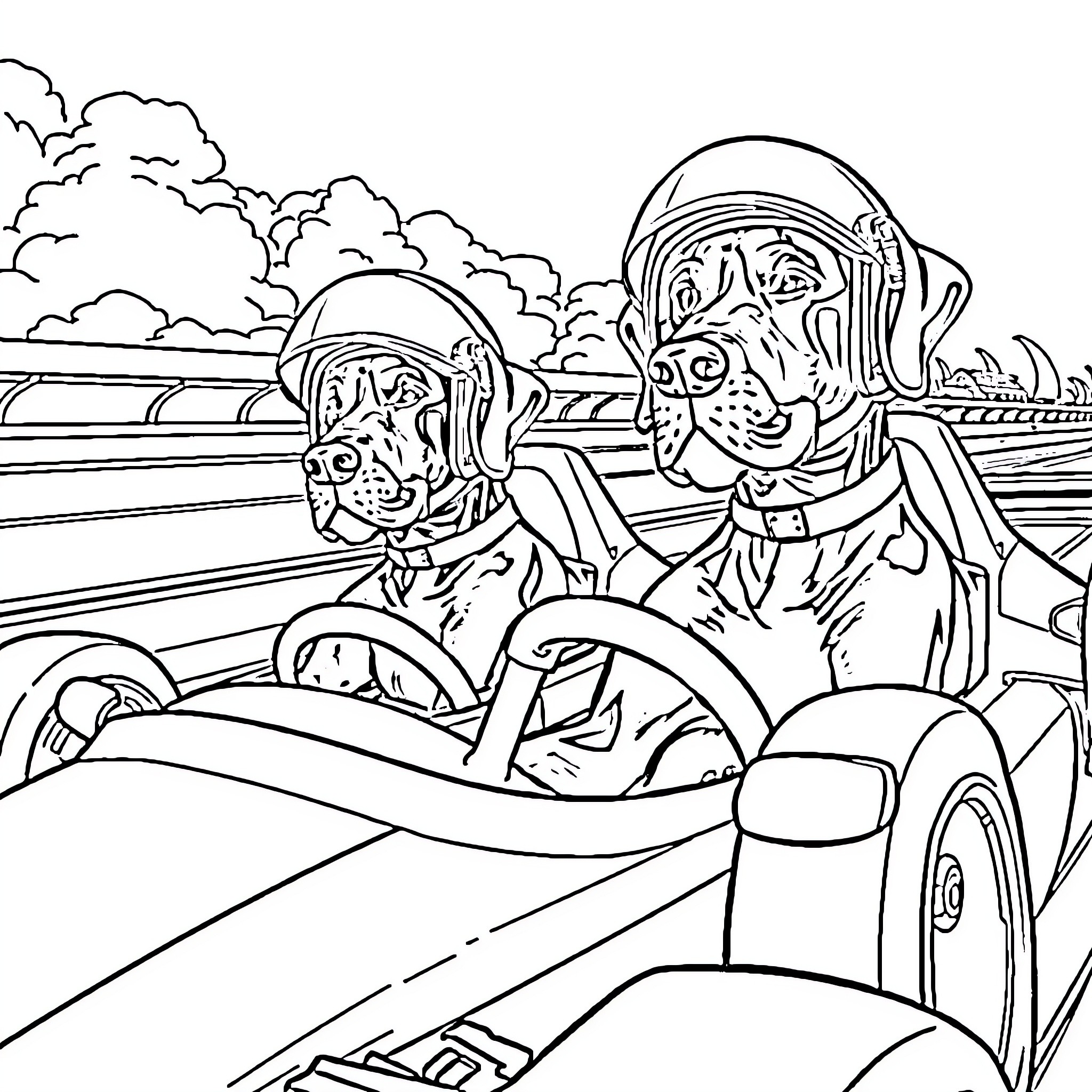 Great Dane companions driving classic convertible car Coloring Page (free black-and-white line drawing printable PDF for all, from beginners to advanced learners, including children, teens, adults, and seniors)
