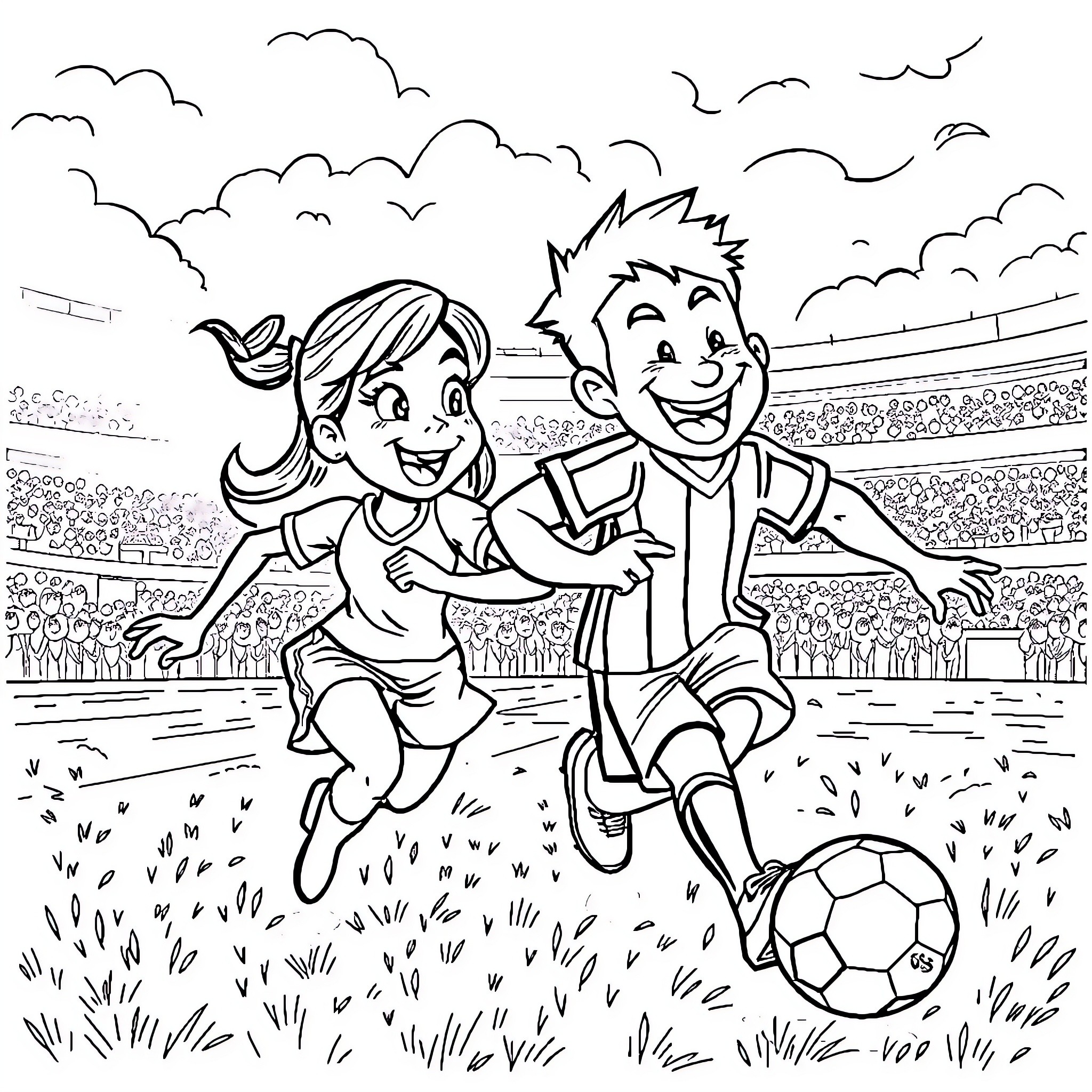 Olive et Tom playing soccer together on the field Coloring Page (free black-and-white line drawing printable PDF for all, from beginners to advanced learners, including children, teens, adults, and seniors)
