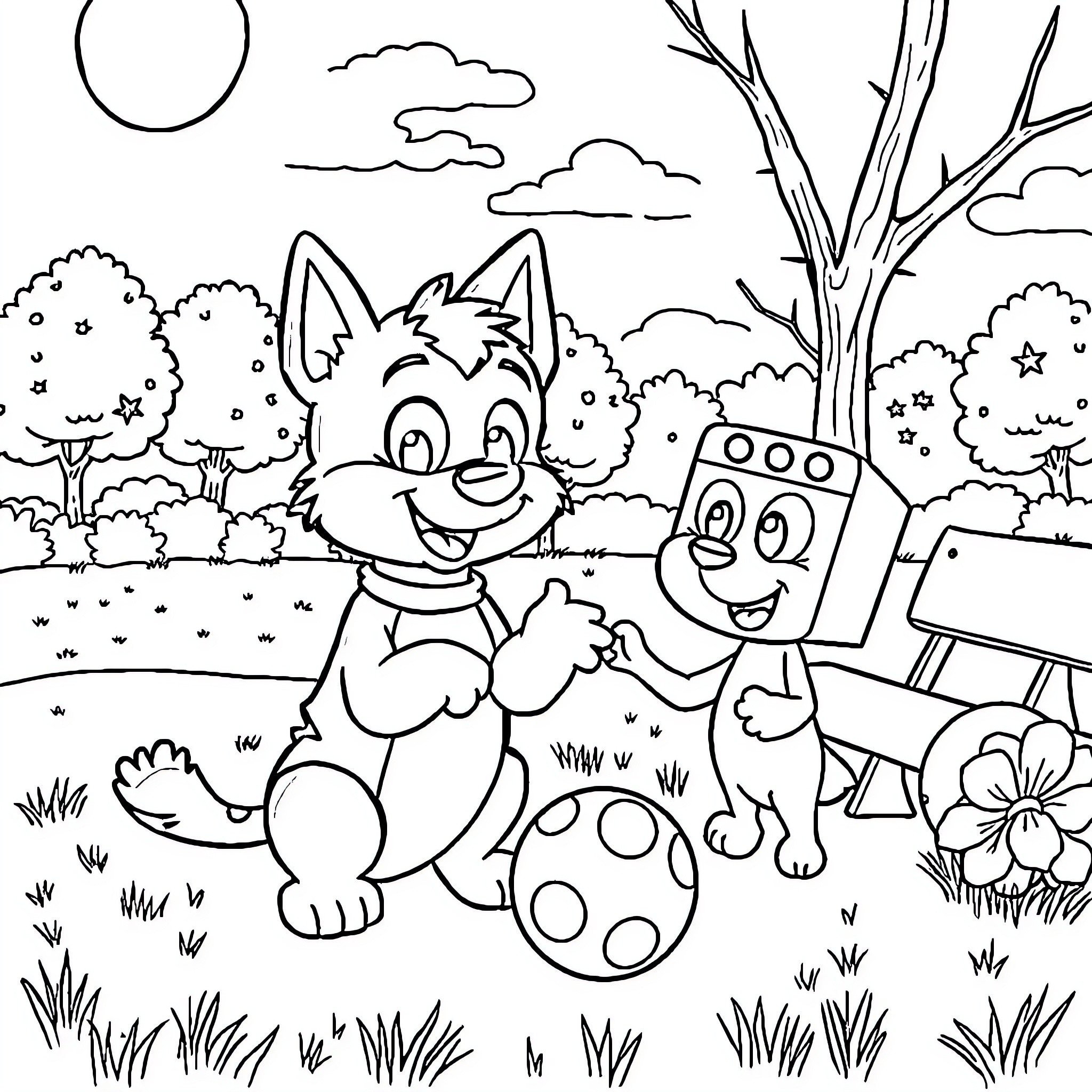 Bluey's Outdoor Adventure with Robot Friend Coloring Page (free black-and-white line drawing printable PDF for all, from beginners to advanced learners, including children, teens, adults, and seniors)