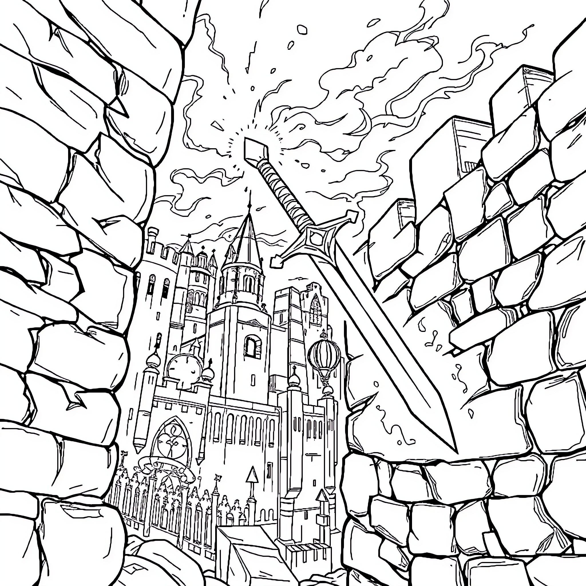 Sword-wielding warrior battles against a towering castle Coloring Page (free black-and-white line drawing printable PDF for all, from beginners to advanced learners, including children, teens, adults, and seniors)