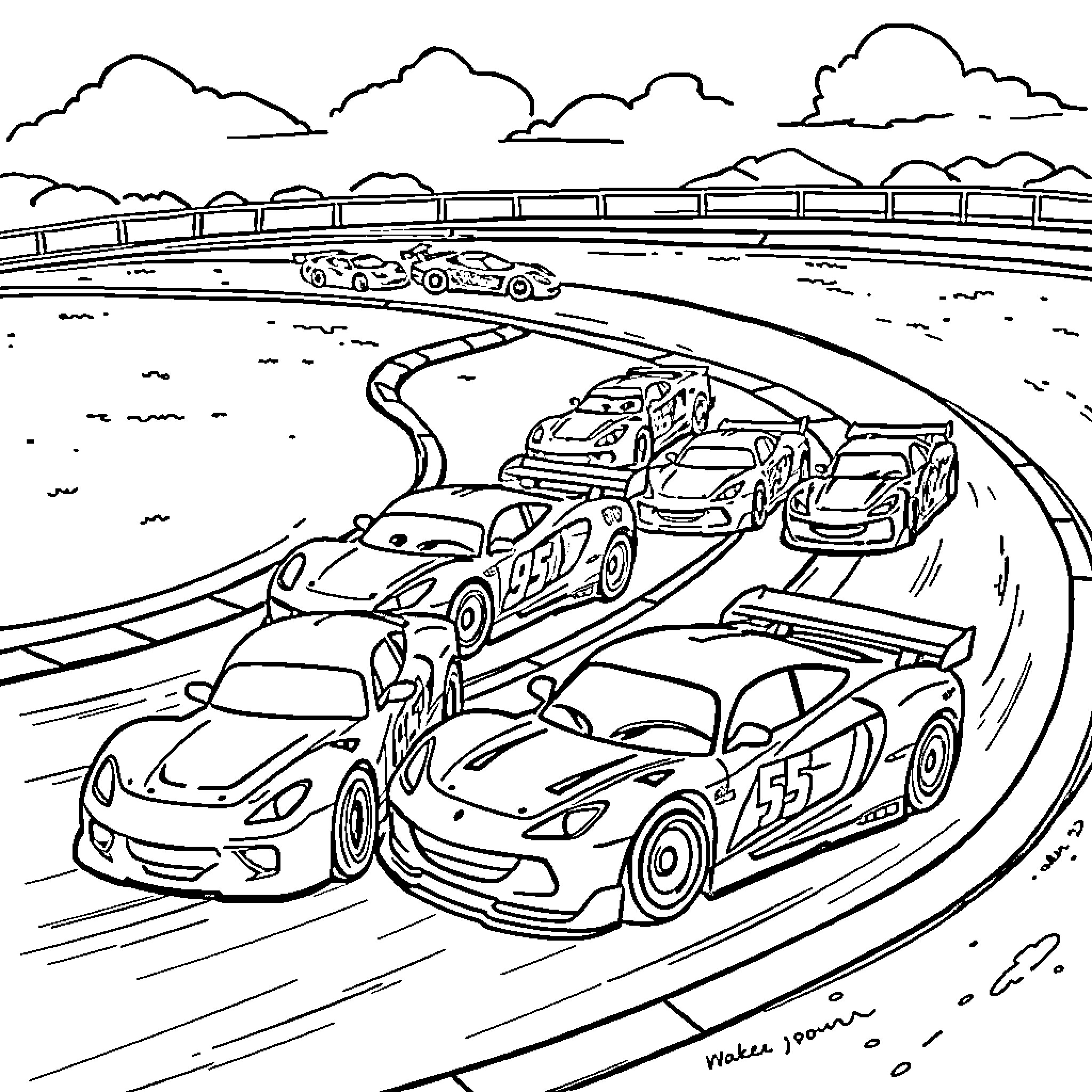 Car racing on winding track with clouds Coloring Page (free black-and-white line drawing printable PDF for all, from beginners to advanced learners, including children, teens, adults, and seniors)