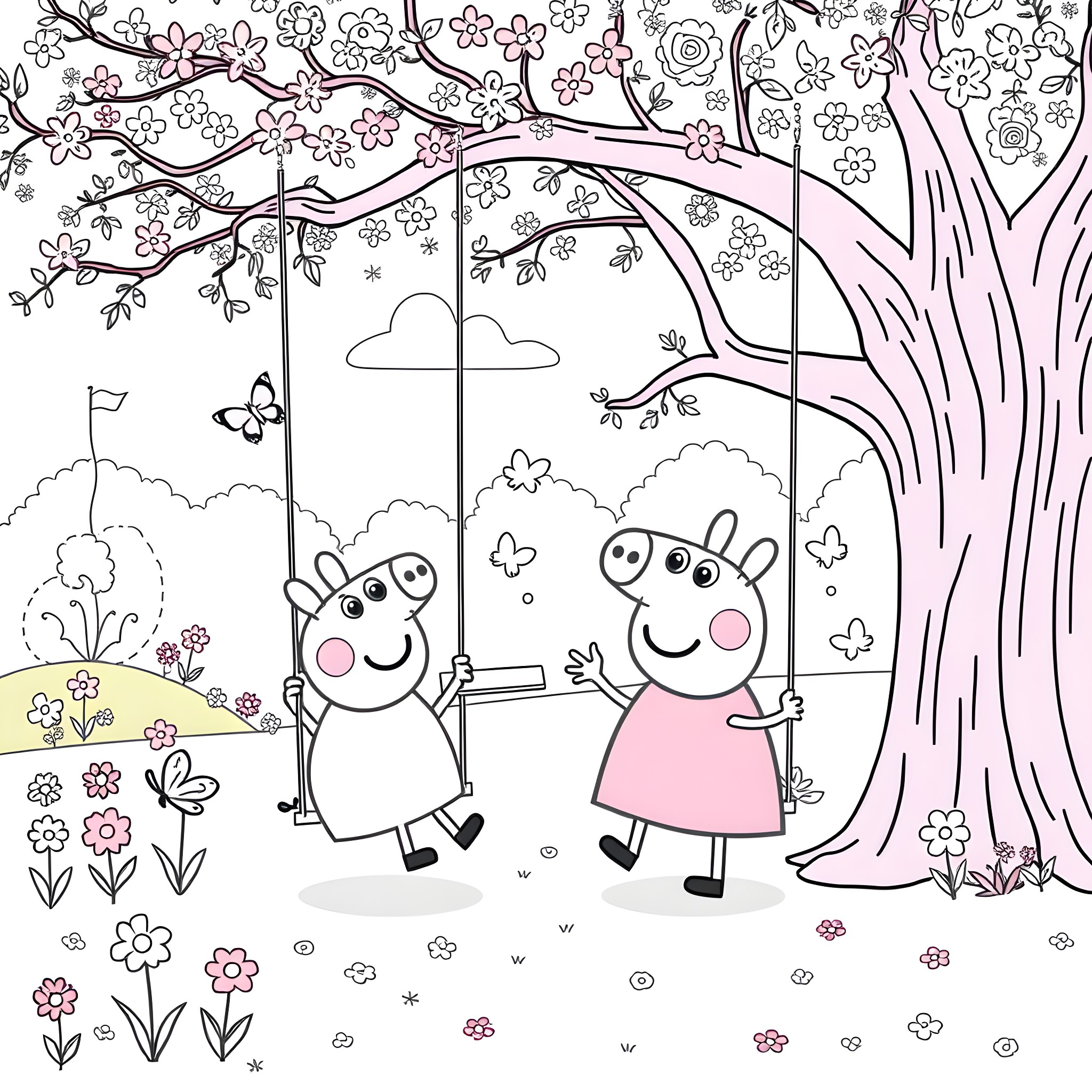 Peppa Pig and friends enjoying a spring day Coloring Page (free black-and-white line drawing printable PDF for all, from beginners to advanced learners, including children, teens, adults, and seniors)