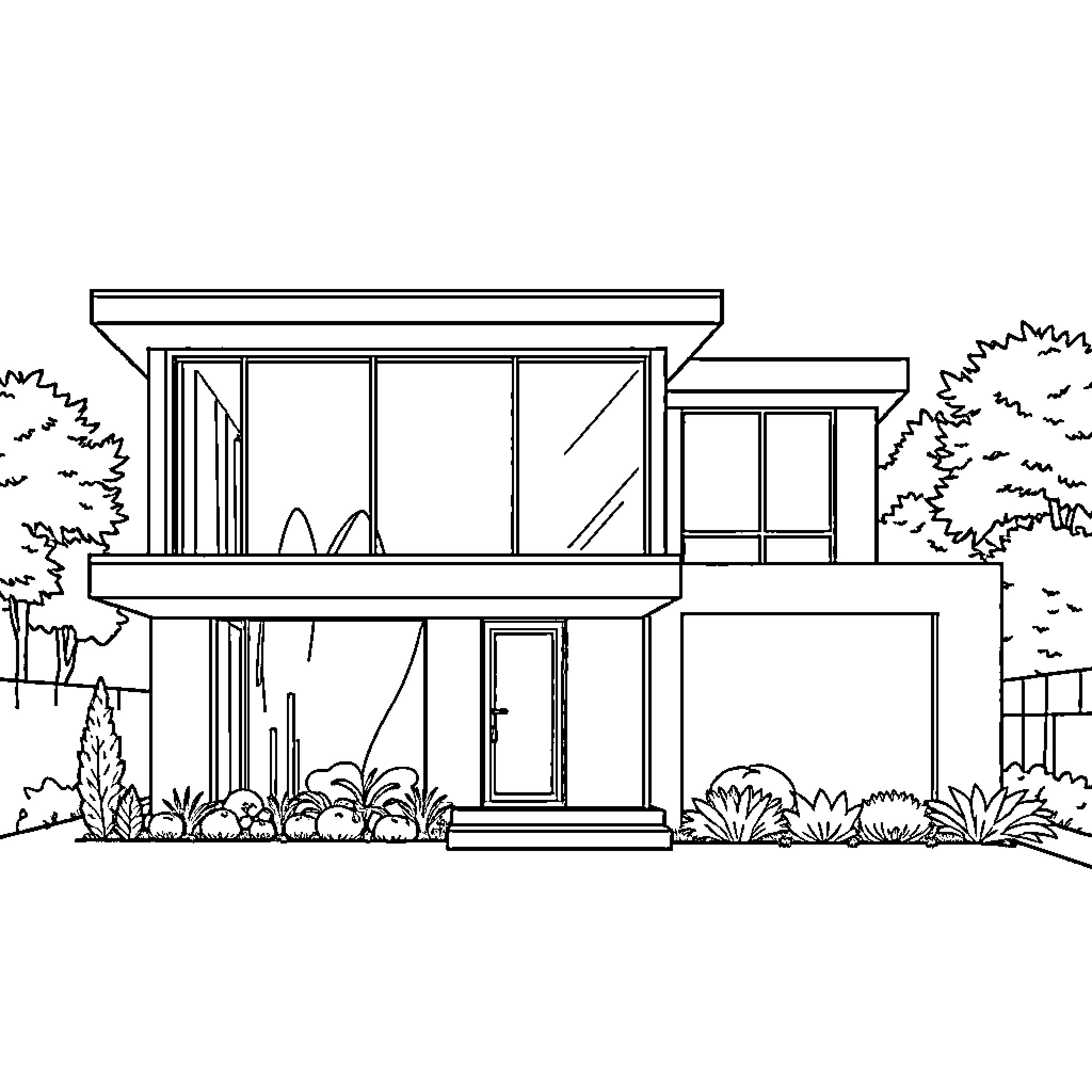 House with modern architectural design Coloring Page (free black-and-white line drawing printable PDF for all, from beginners to advanced learners, including children, teens, adults, and seniors)