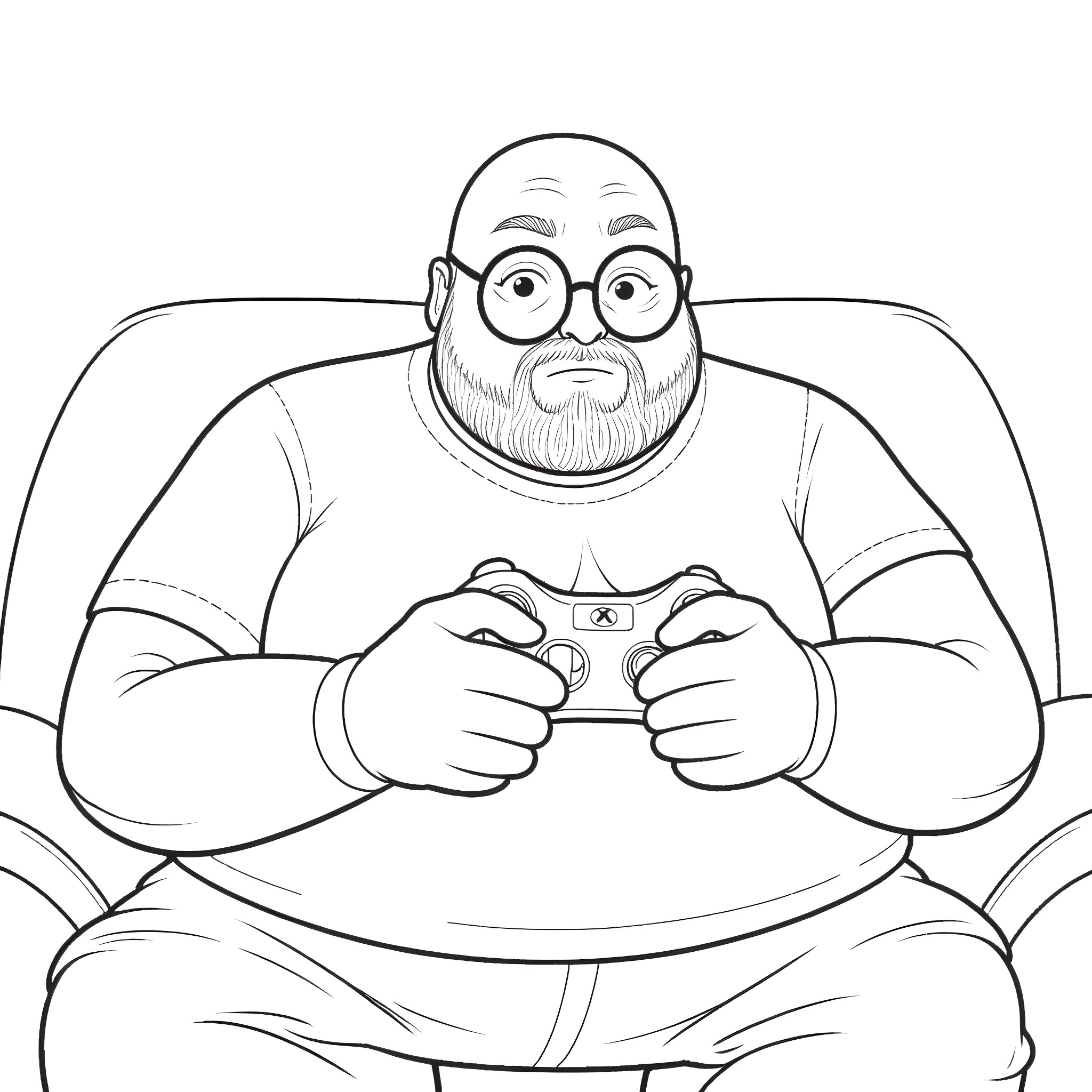 Man playing a video game intently Coloring Page (free black-and-white line drawing printable PDF for all, from beginners to advanced learners, including children, teens, adults, and seniors)