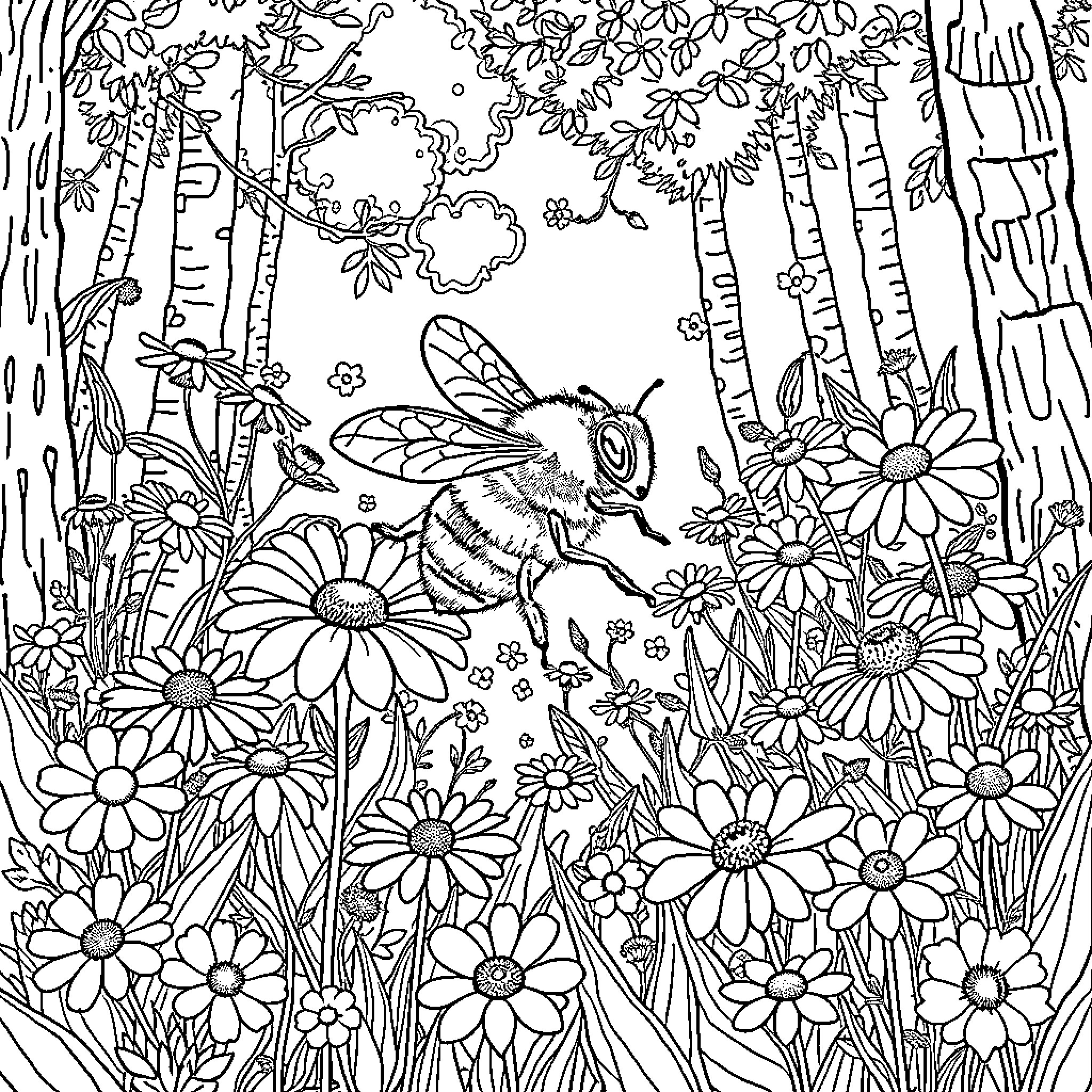 Bee among colorful flowers in a serene forest Coloring Page (free black-and-white line drawing printable PDF for all, from beginners to advanced learners, including children, teens, adults, and seniors)