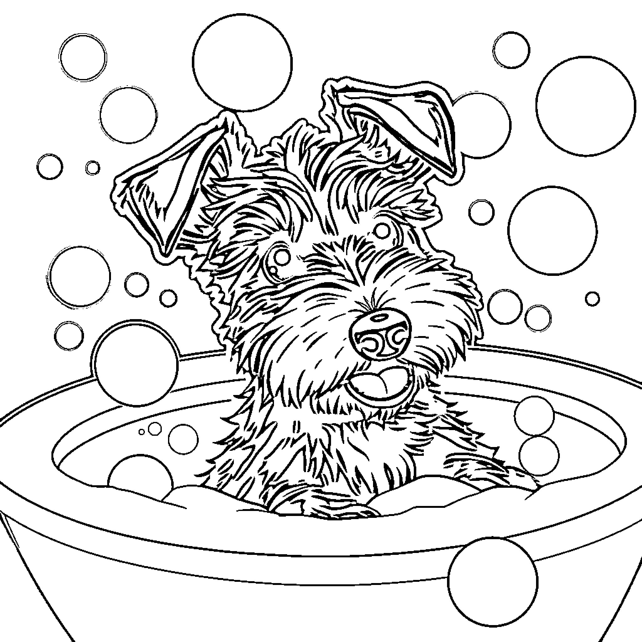 Schnauzer enjoying a relaxing bubble bath Coloring Page (free black-and-white line drawing printable PDF for all, from beginners to advanced learners, including children, teens, adults, and seniors)
