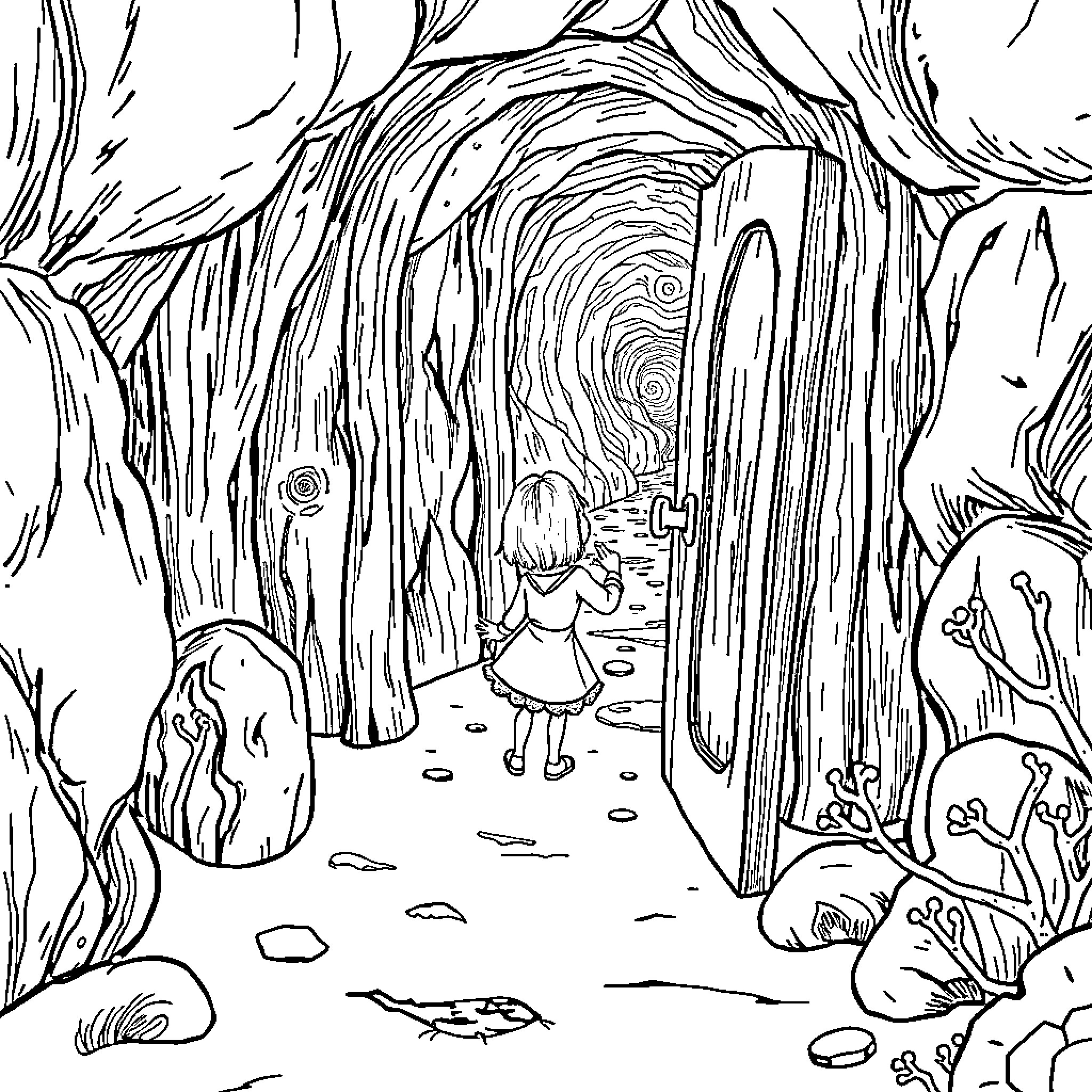Coraline exploring the mysterious otherworldly forest Coloring Page (free black-and-white line drawing printable PDF for all, from beginners to advanced learners, including children, teens, adults, and seniors)