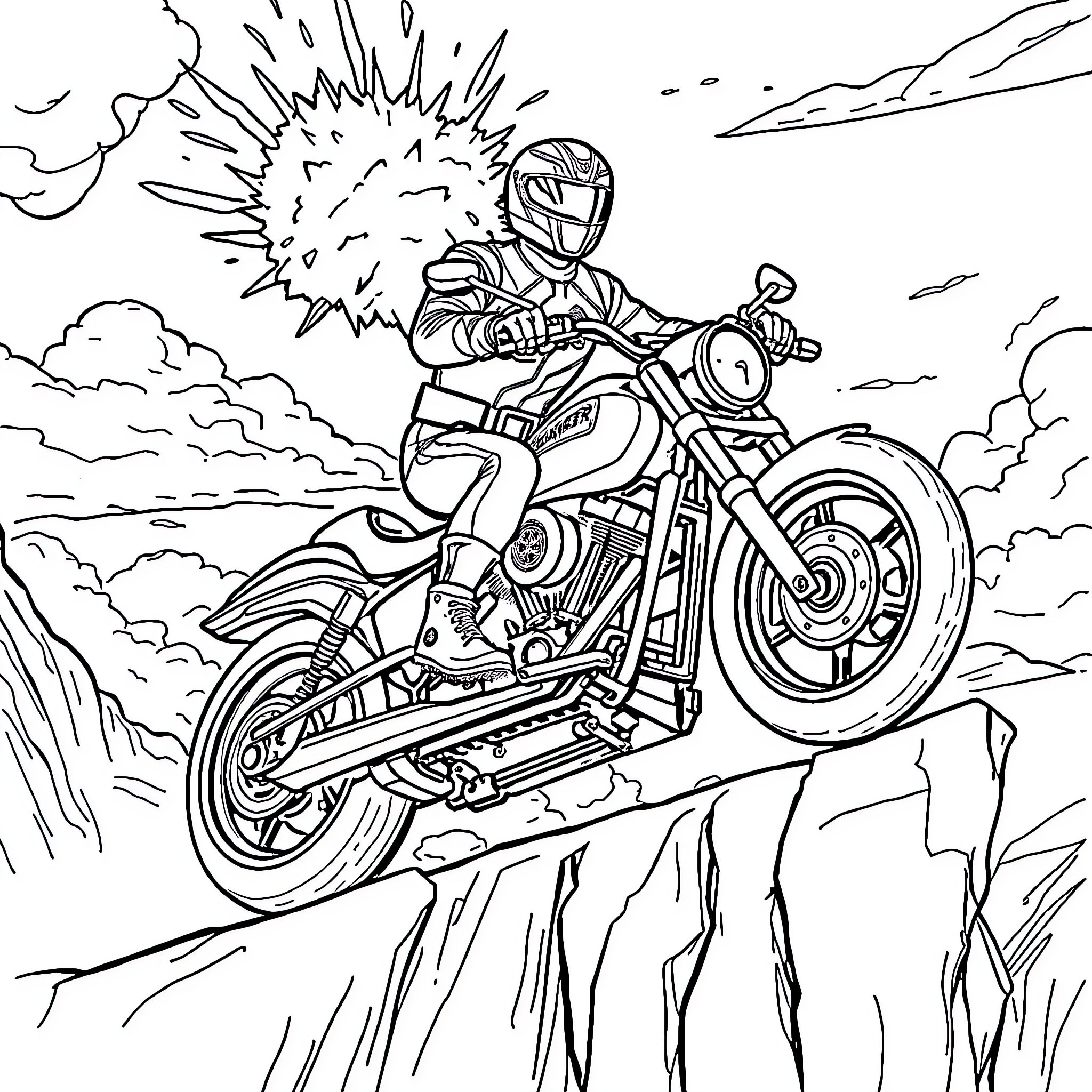 Power Ranger Daring Motorcycle Stunt Performance Coloring Page (free black-and-white line drawing printable PDF for all, from beginners to advanced learners, including children, teens, adults, and seniors)
