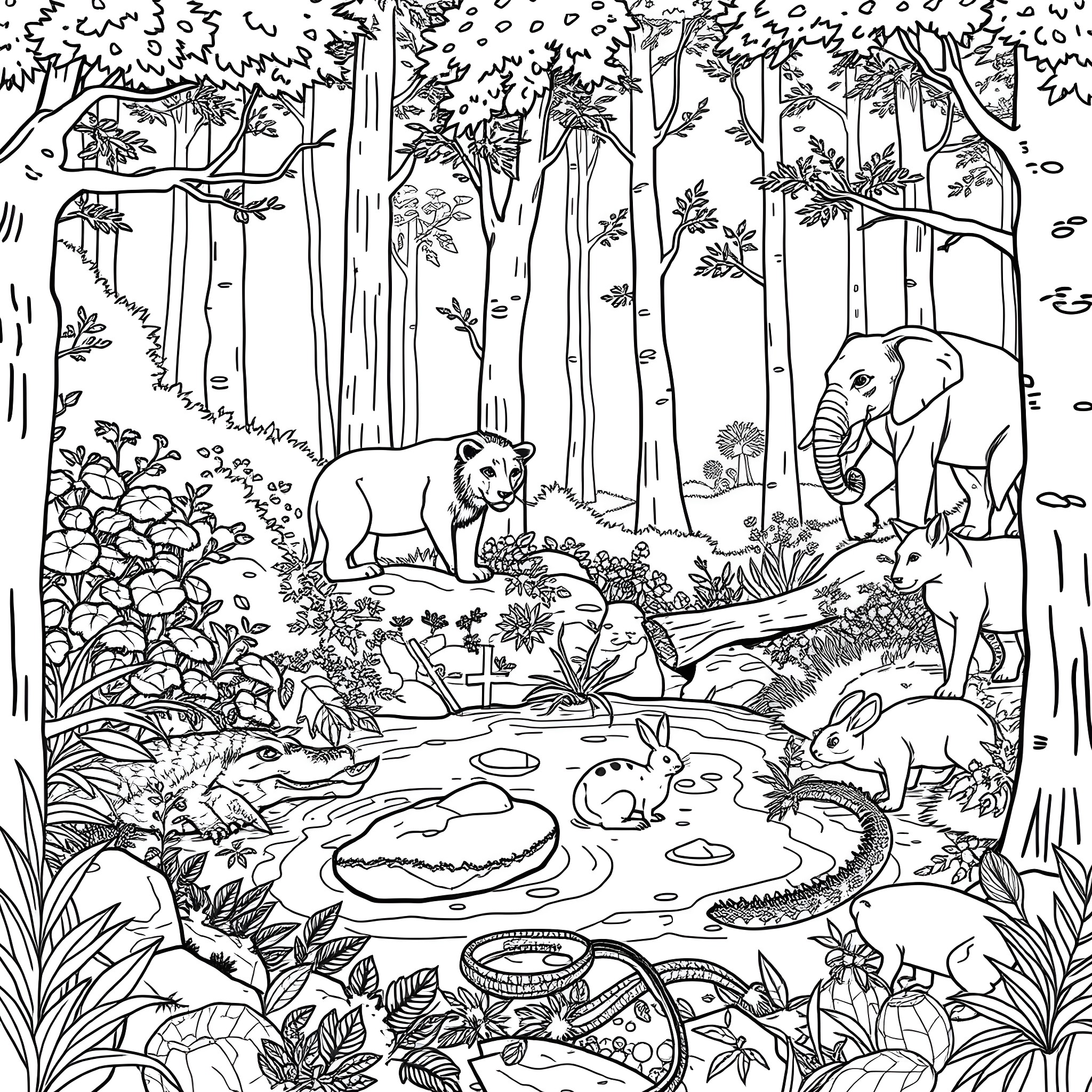 Animals in a Lush Forest Habitat Coloring Page (free black-and-white line drawing printable PDF for all, from beginners to advanced learners, including children, teens, adults, and seniors)