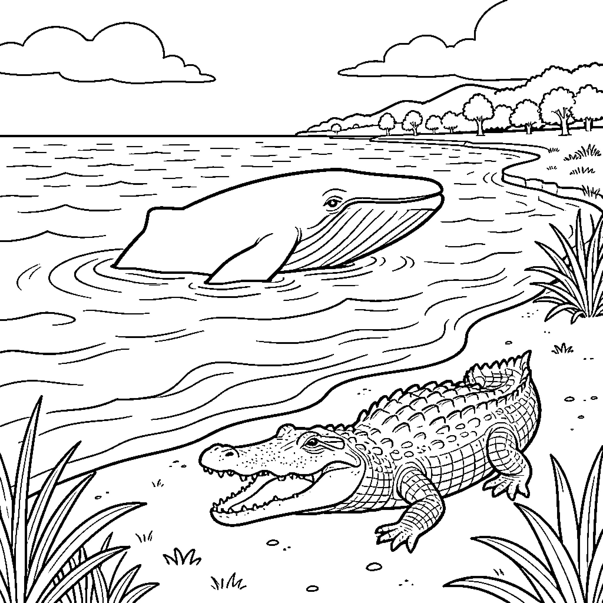Whale swimming near a crocodile on the shore Coloring Page (free black-and-white line drawing printable PDF for all, from beginners to advanced learners, including children, teens, adults, and seniors)
