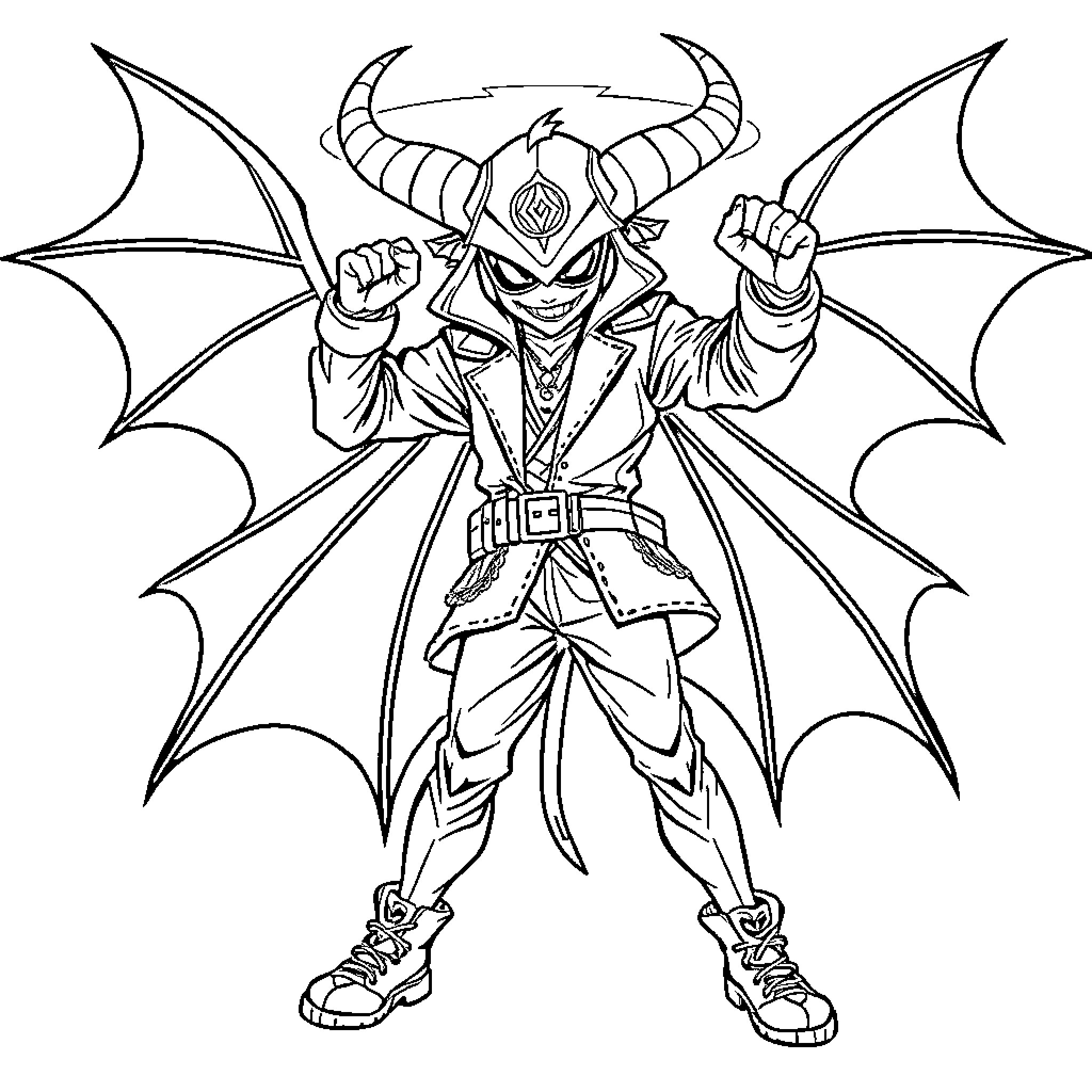 K-POP Demon Hunter Wielding Demonic Weapons Coloring Page (free black-and-white line drawing printable PDF for all, from beginners to advanced learners, including children, teens, adults, and seniors)