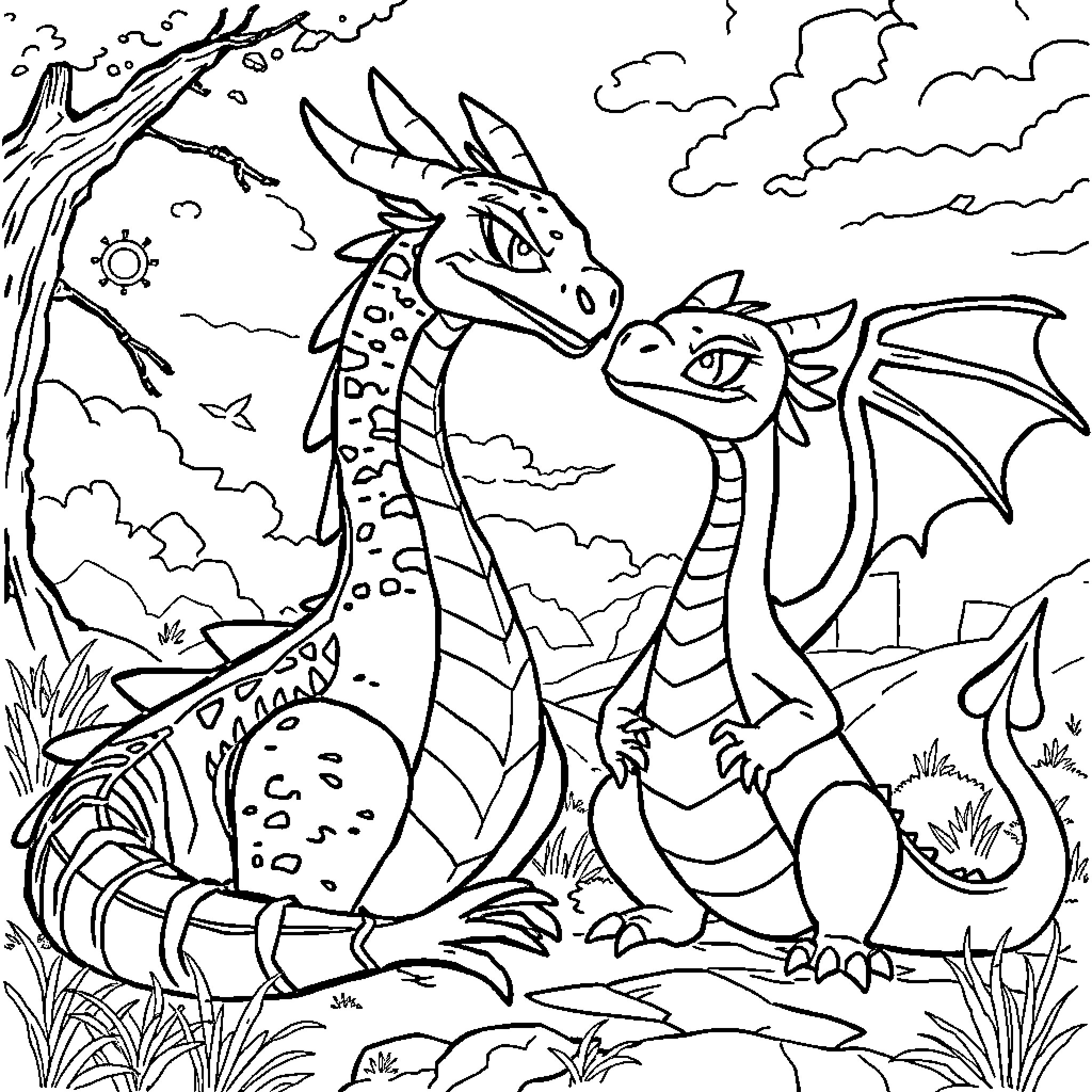 Dragons frolicking in a fantastical landscape Coloring Page (free black-and-white line drawing printable PDF for all, from beginners to advanced learners, including children, teens, adults, and seniors)